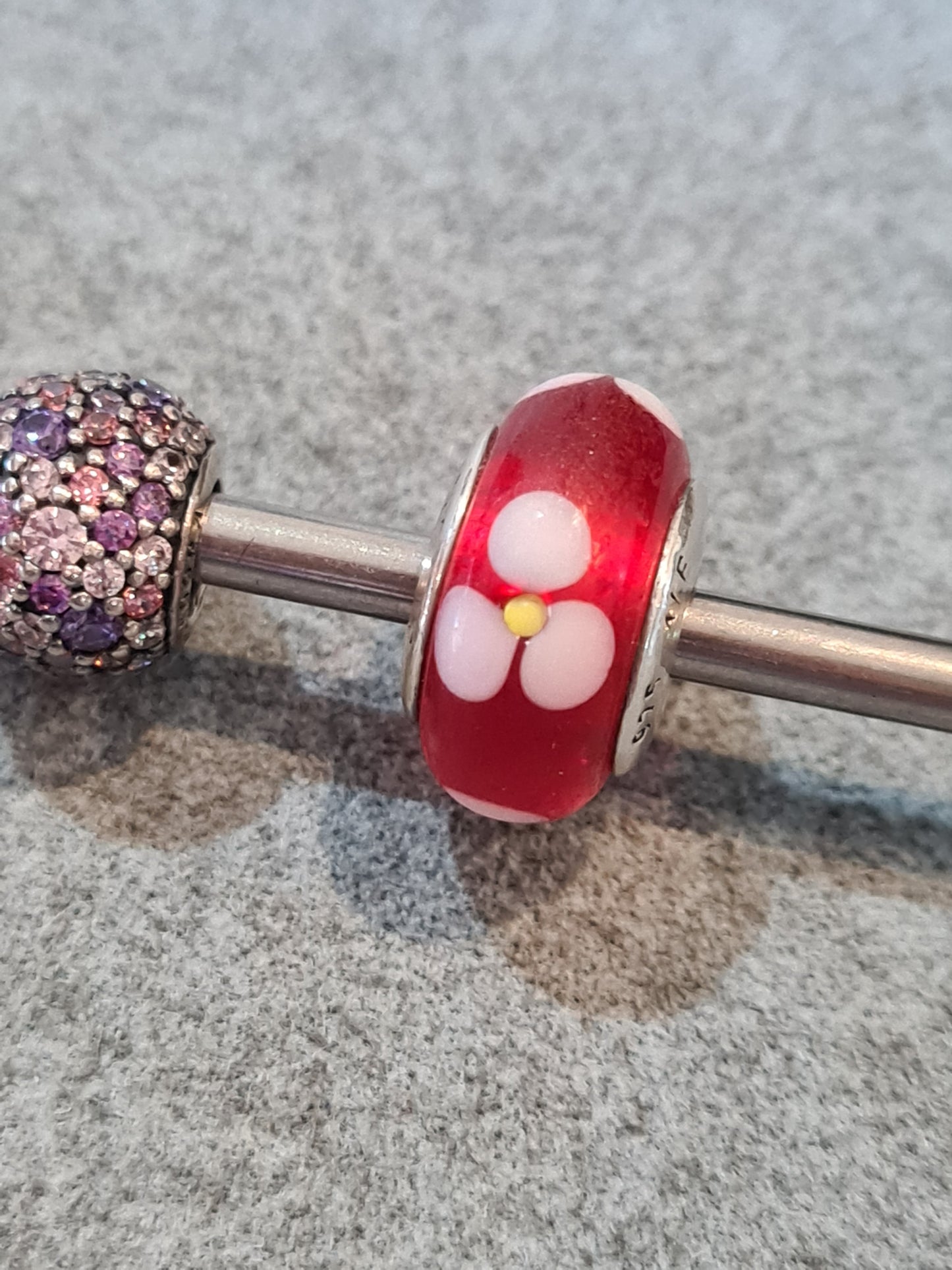 Genuine Pandora Red Murano Glass Charm With White and Yellow Flowers