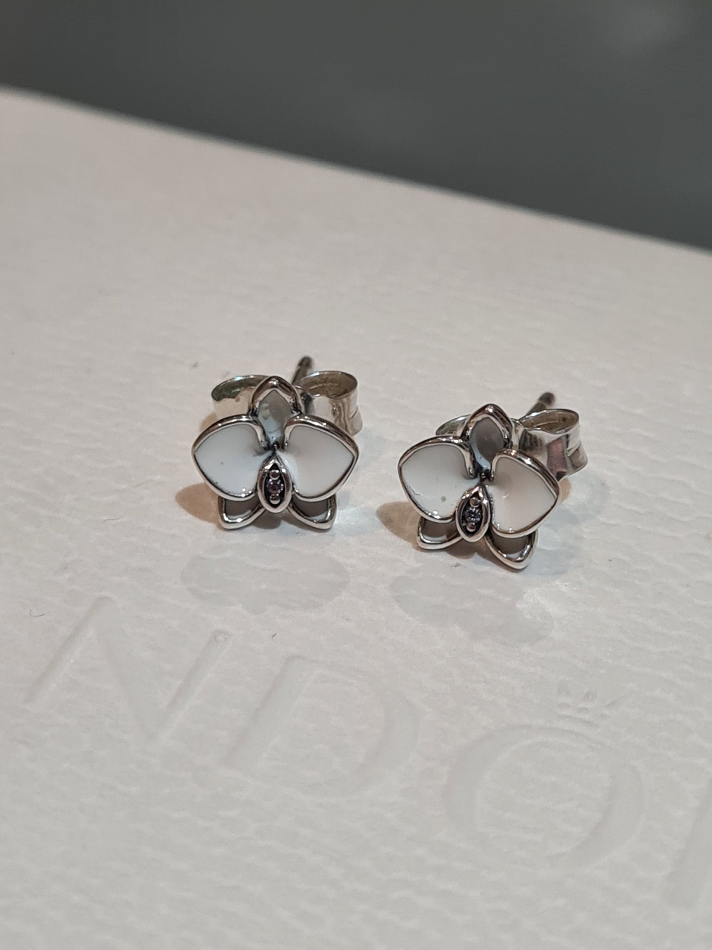 Genuine Pandora White Orchid Enamel Earrings