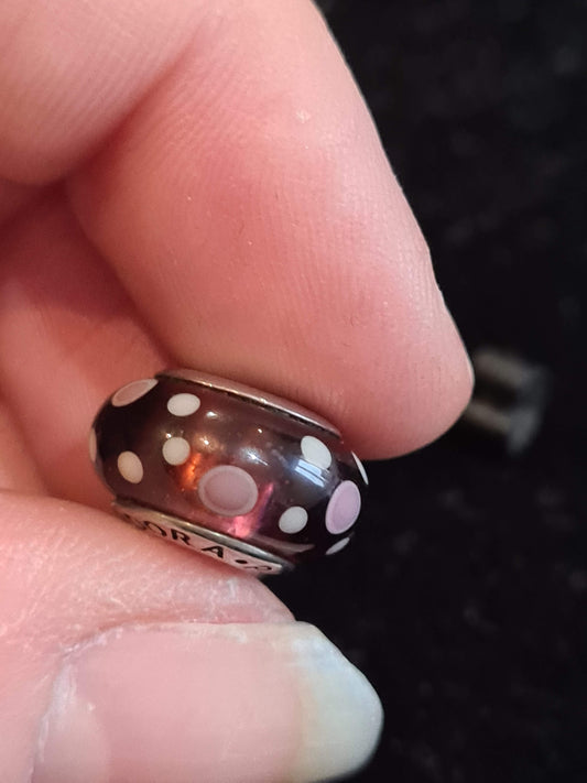 Genuine Pandora Browny Purple Glass Murano with Lilac and White Polka Dots