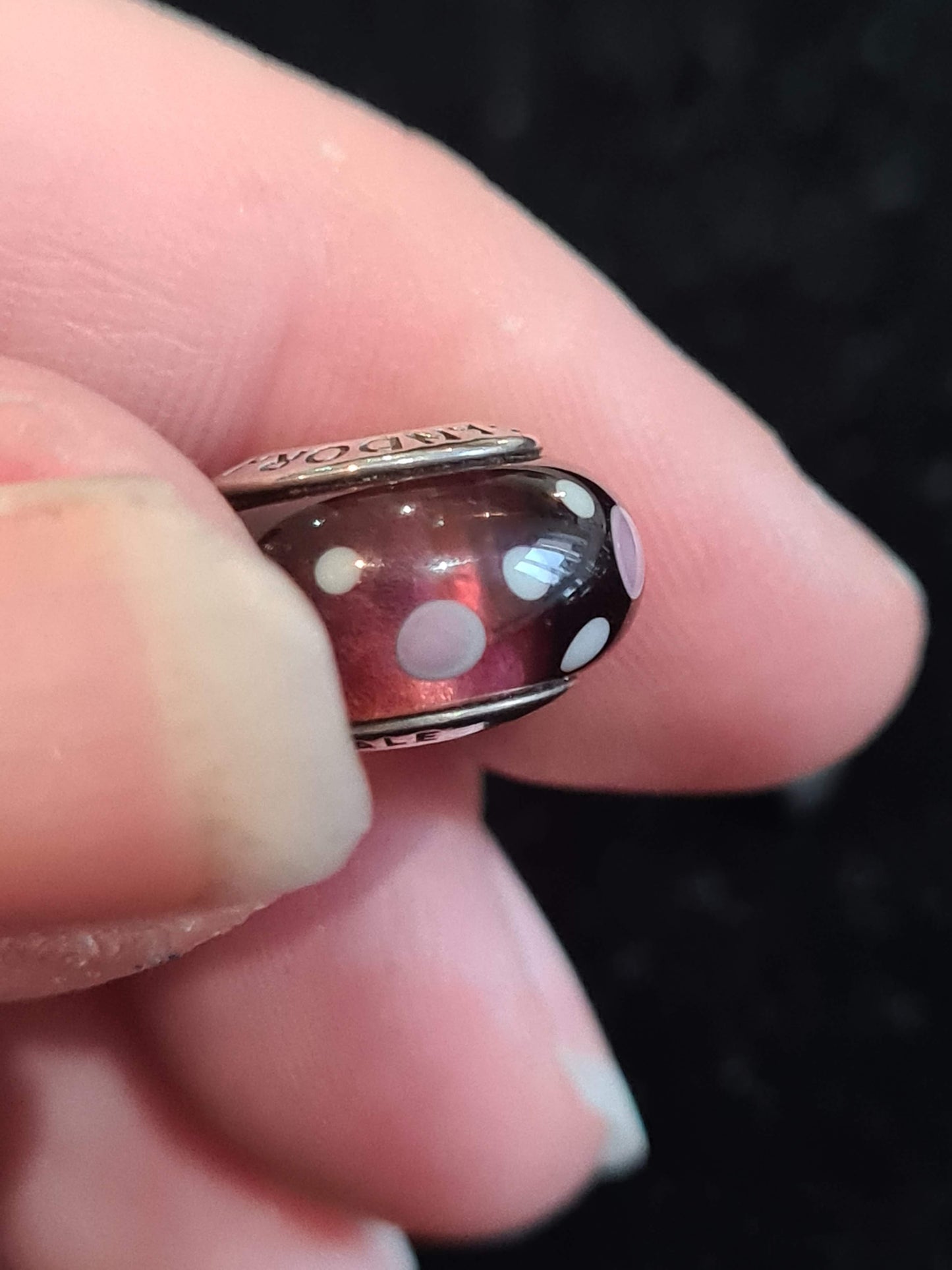 Genuine Pandora Browny Purple Glass Murano with Lilac and White Polka Dots