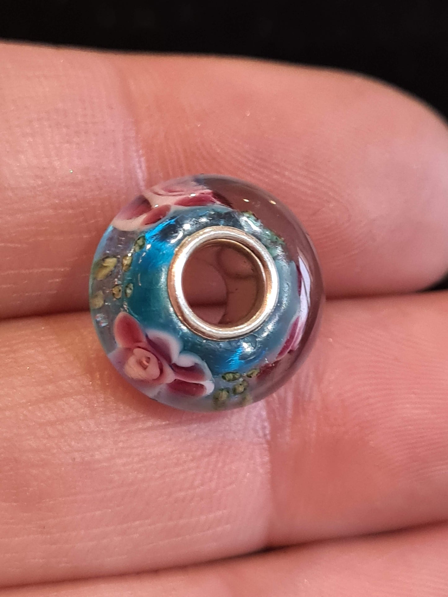 NOT Pandora Pink flowers Roses On Turquoise Glass Murano Charm Beautiful