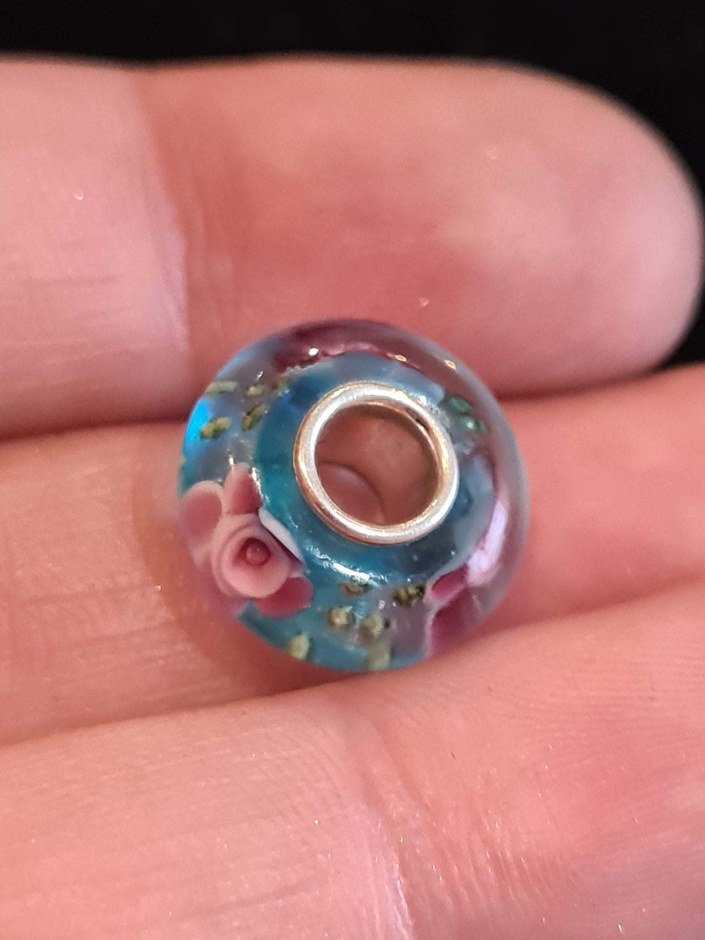 NOT Pandora Pink flowers Roses On Turquoise Glass Murano Charm Beautiful