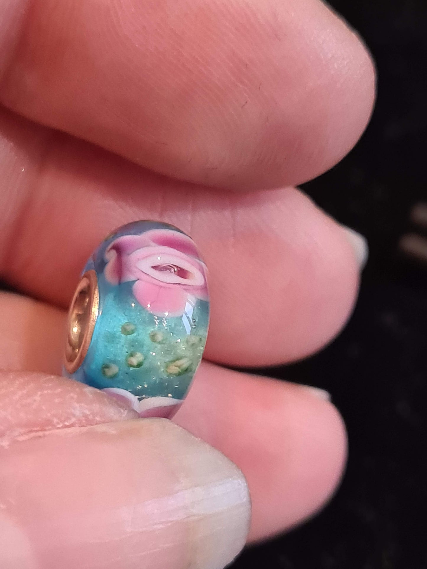 NOT Pandora Pink flowers Roses On Turquoise Glass Murano Charm Beautiful