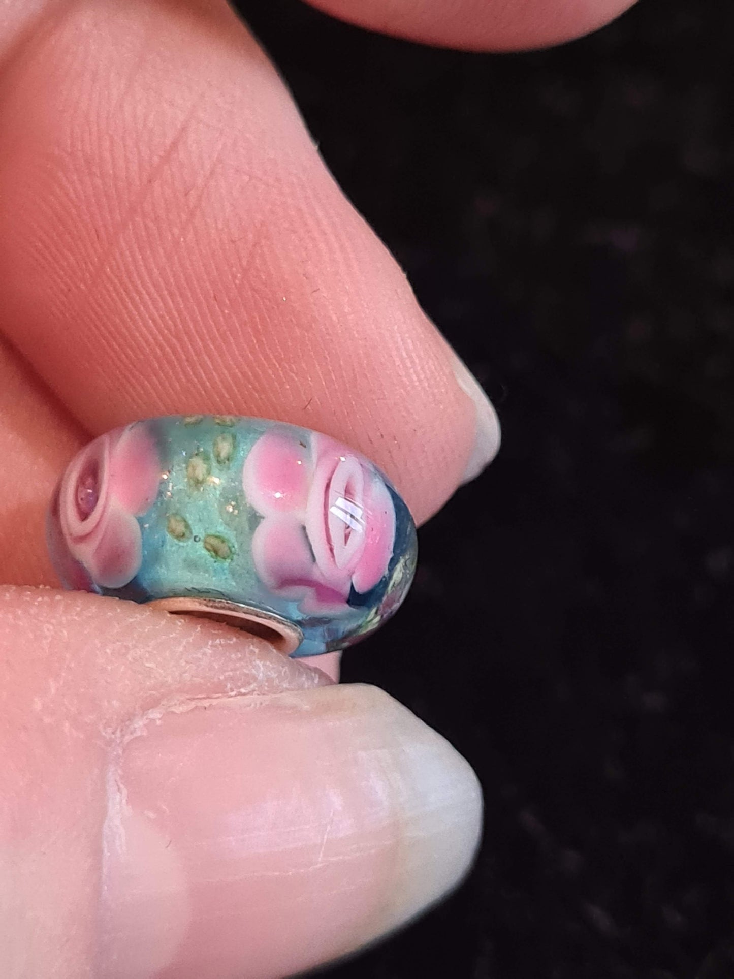 NOT Pandora Pink flowers Roses On Turquoise Glass Murano Charm Beautiful