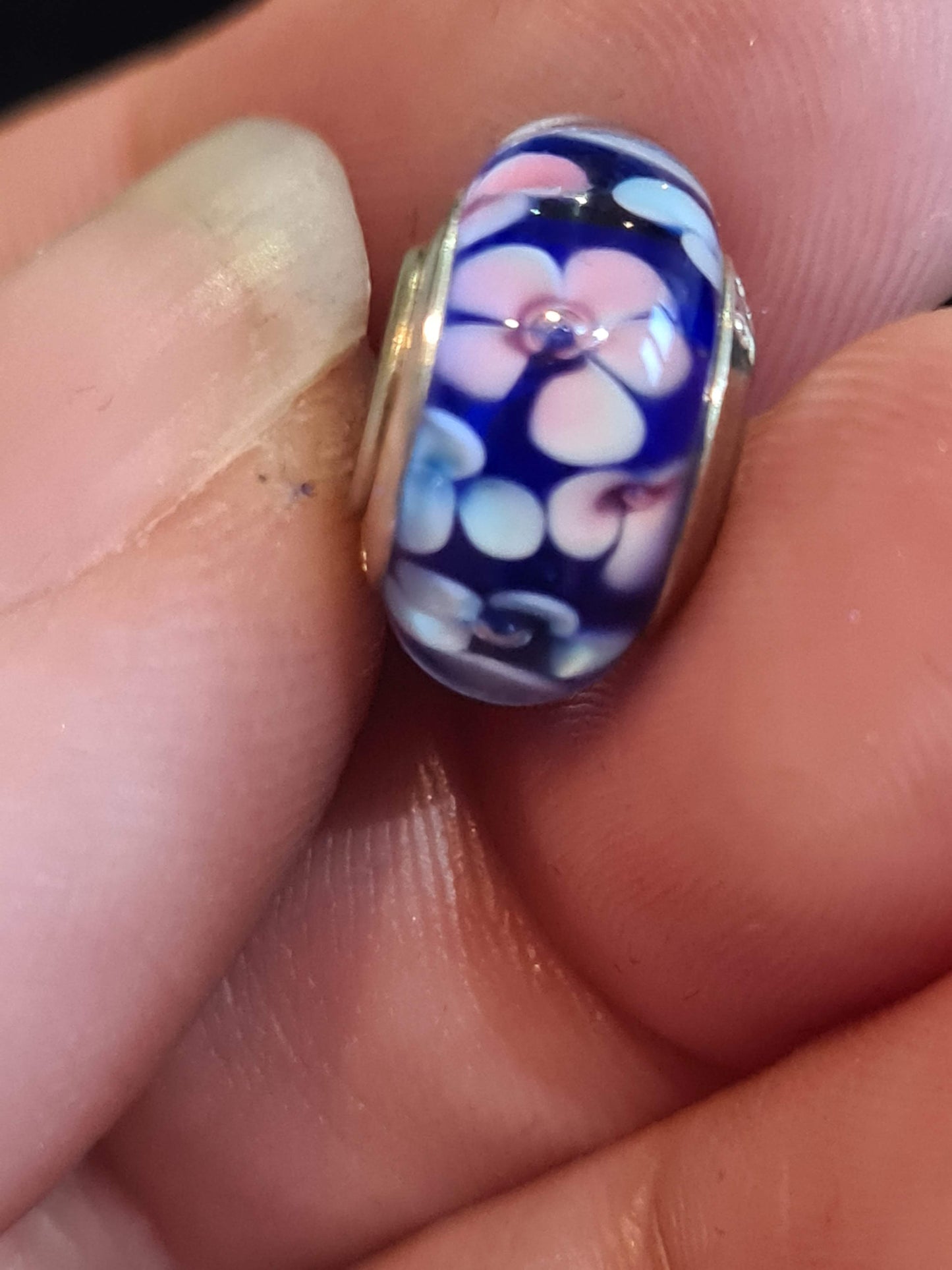 Copy of Pandora Beautiful Small Flowers on Blue Background Glass Murano Charm