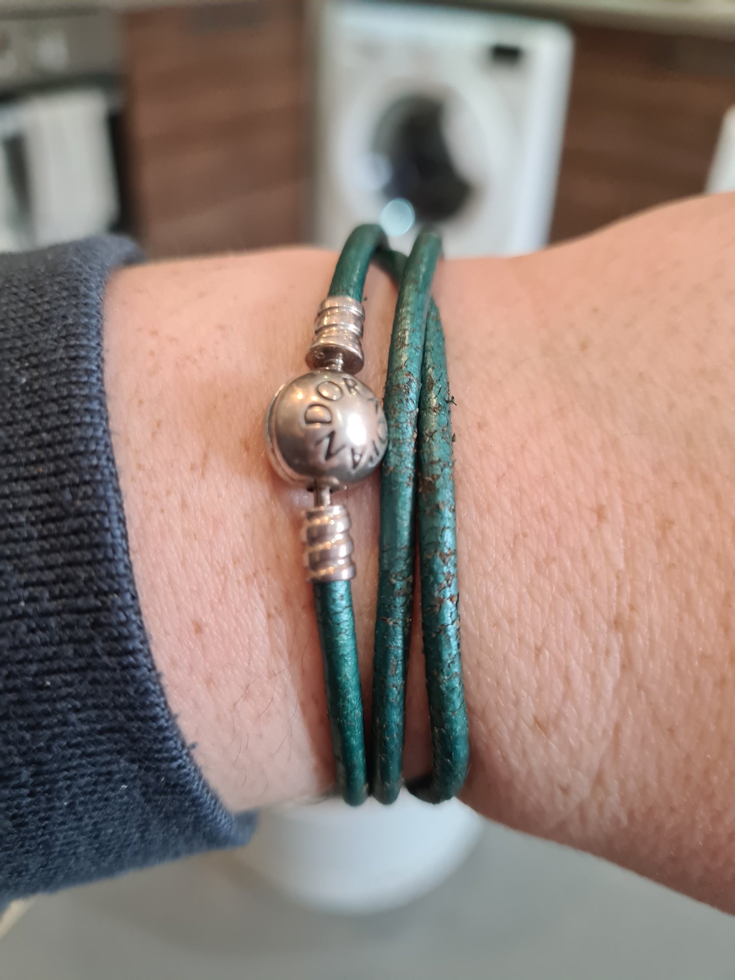 Genuine Pandora Teal Leather Triple Wrap Around Bracelet Size 52cm