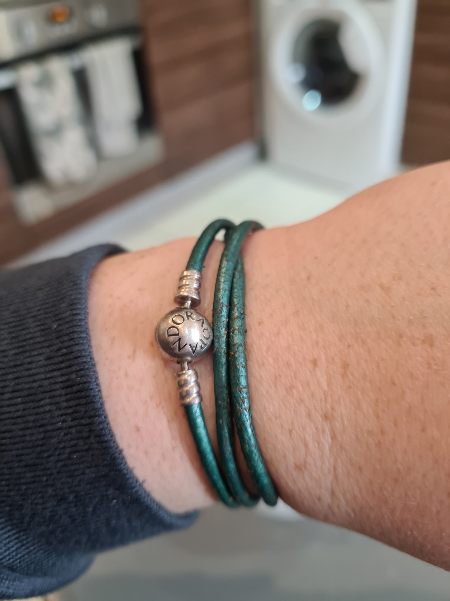 Genuine Pandora Teal Leather Triple Wrap Around Bracelet Size 52cm