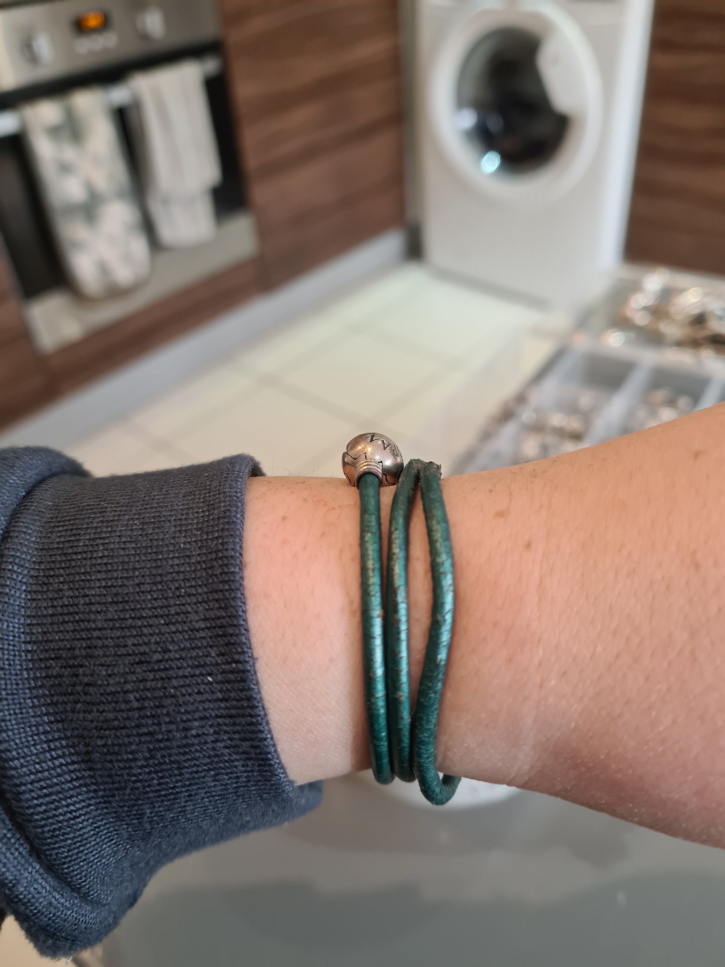 Genuine Pandora Teal Leather Triple Wrap Around Bracelet Size 52cm