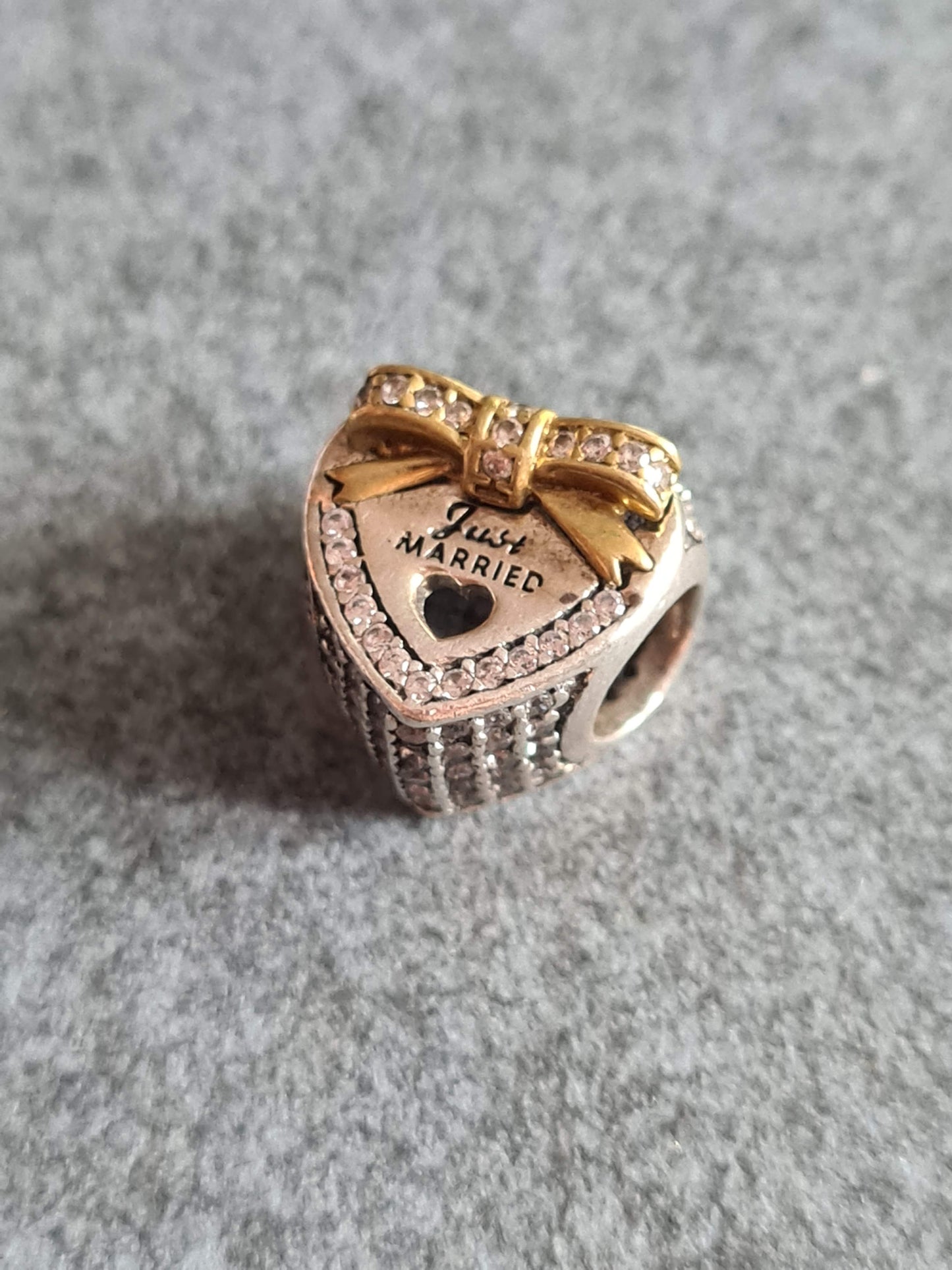 Genuine Pandora Just Married Charm With Gold Bow and Pave Heart Shaped Charm