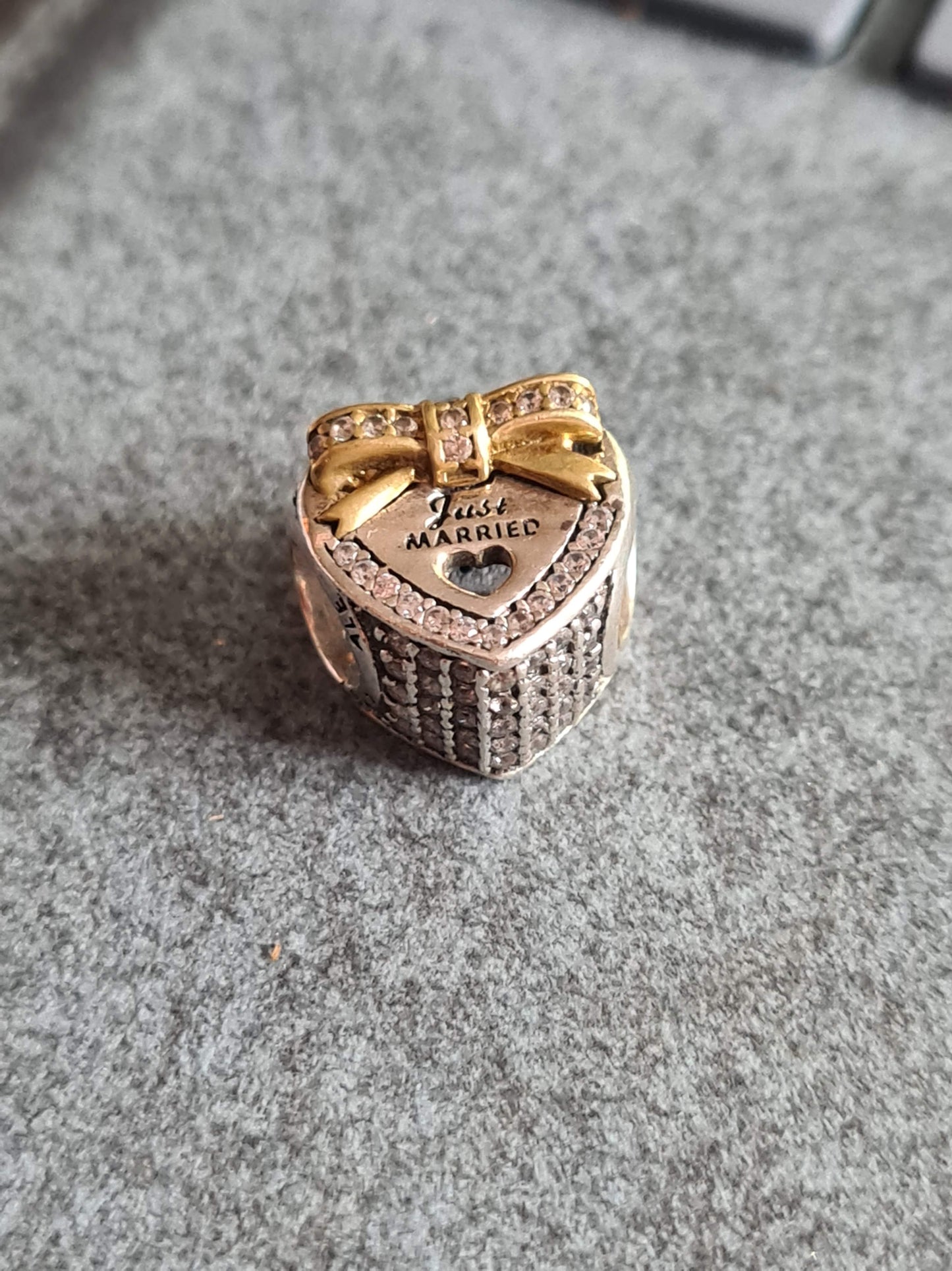 Genuine Pandora Just Married Charm With Gold Bow and Pave Heart Shaped Charm