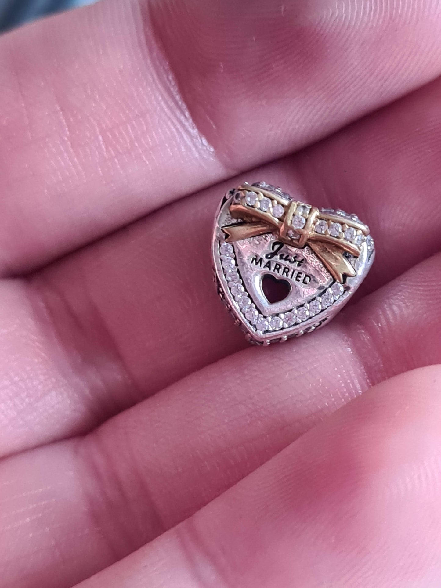 Genuine Pandora Just Married Charm With Gold Bow and Pave Heart Shaped Charm