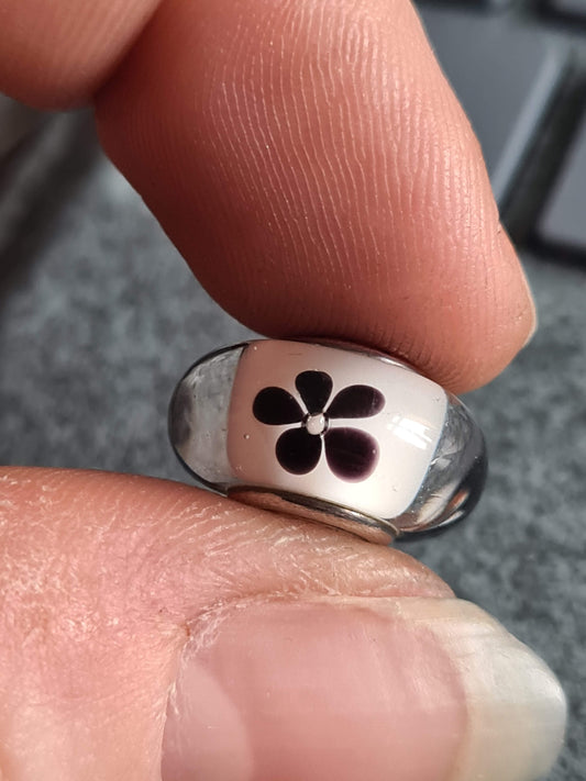 Genuine Pandora White Murano Glass charm With Black Flower Charm