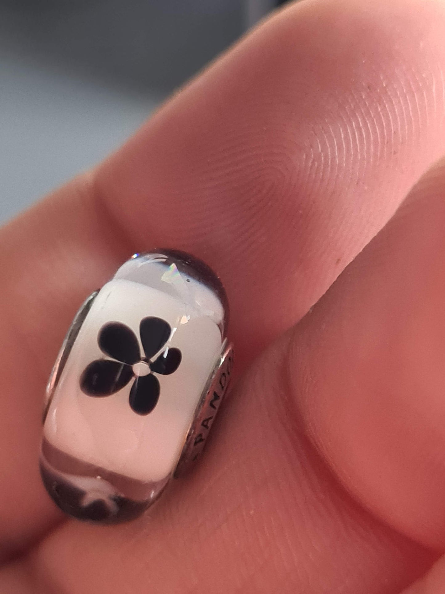 Genuine Pandora White Murano Glass charm With Black Flower Charm
