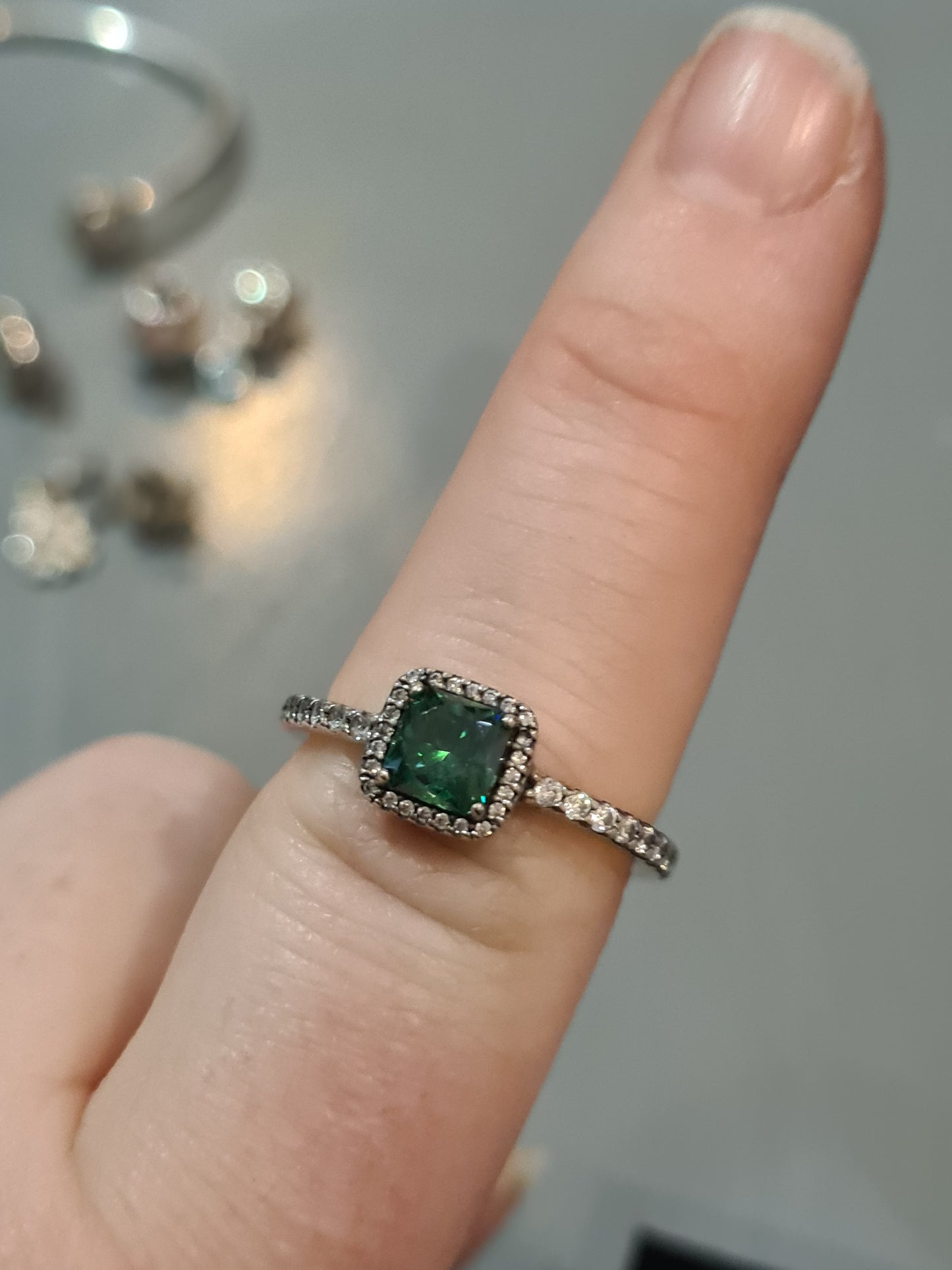 Genuine Pandora Square Emerald Stone Green Pave Band Size 54
