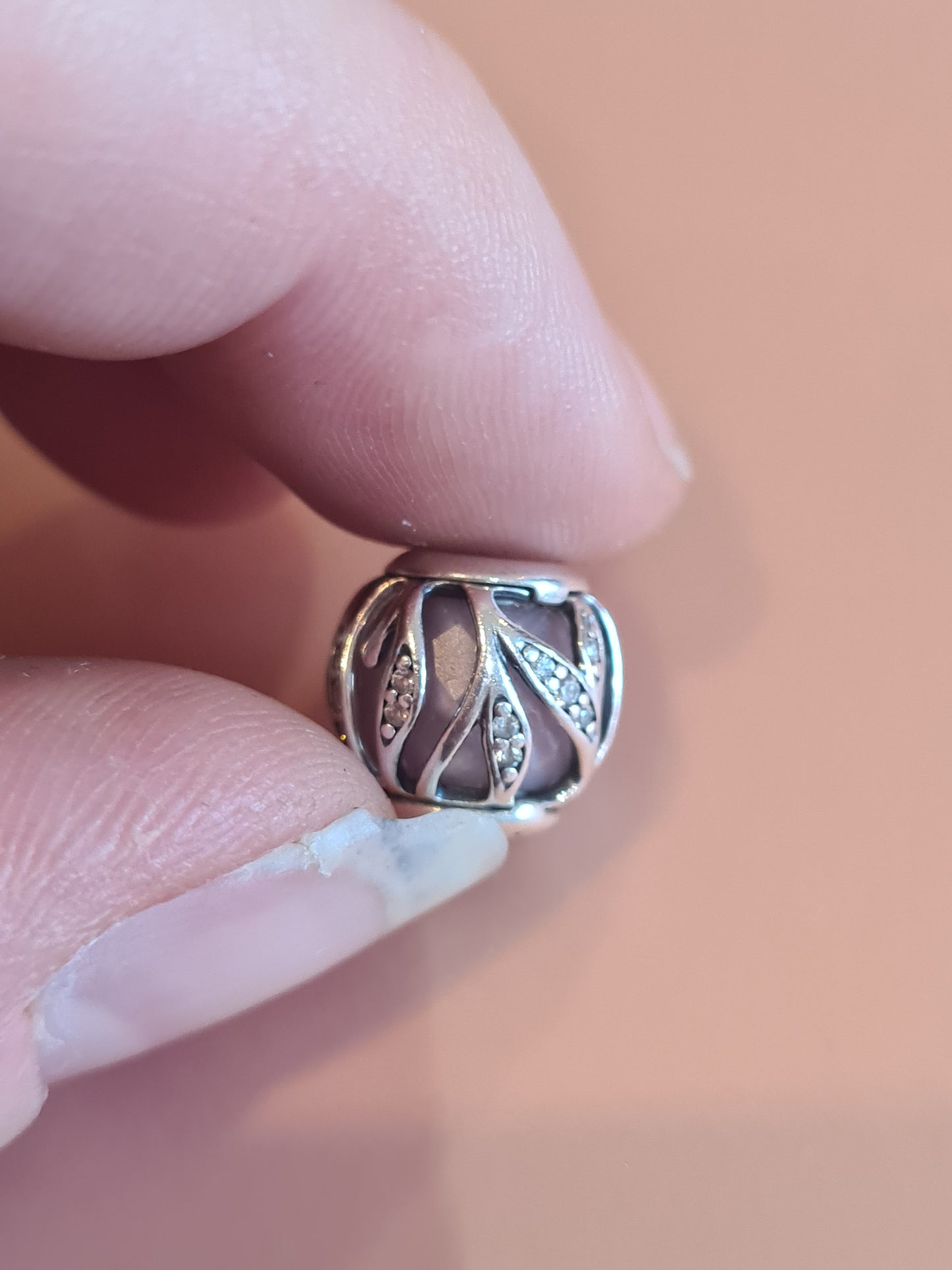 Genuine Pandora Pave Leaf Encasing a Pink Glass Charm