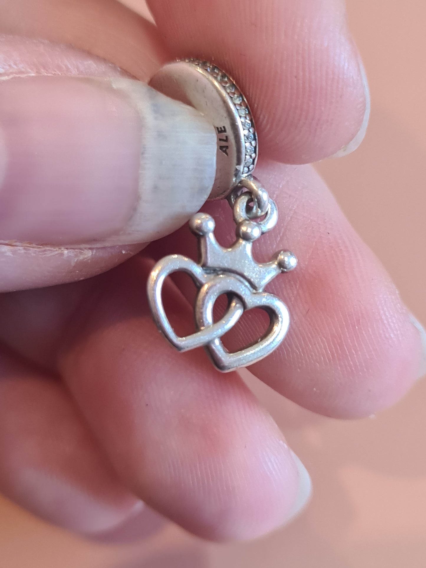 Genuine Pandora Double Heart With Crown and Pink Enamel Pave Charm