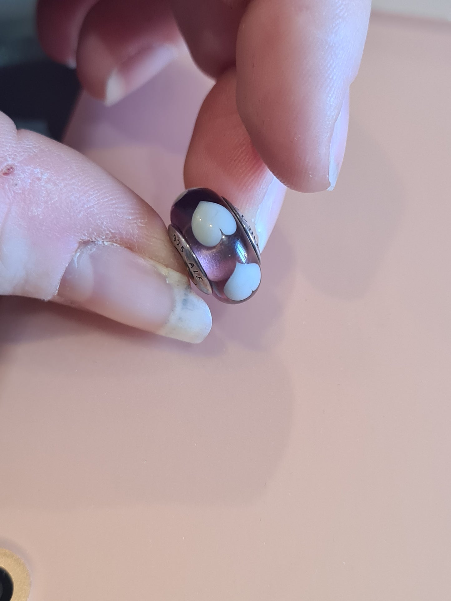 Genuine Pandora Purple Murano Glass Charm with White Hearts