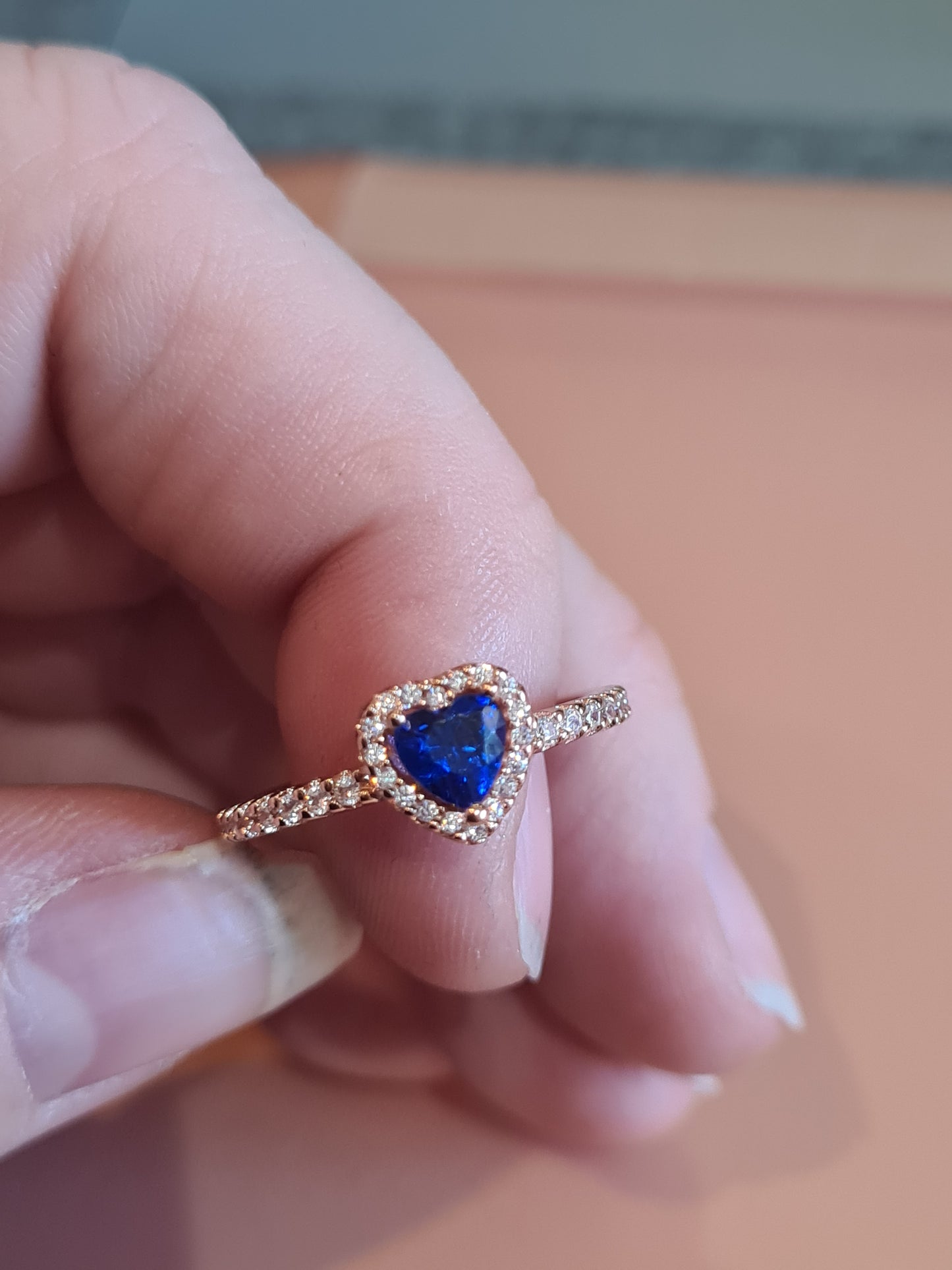 Genuine Pandora Rose Gold Pave Blue Stone Heart Ring Beautiful