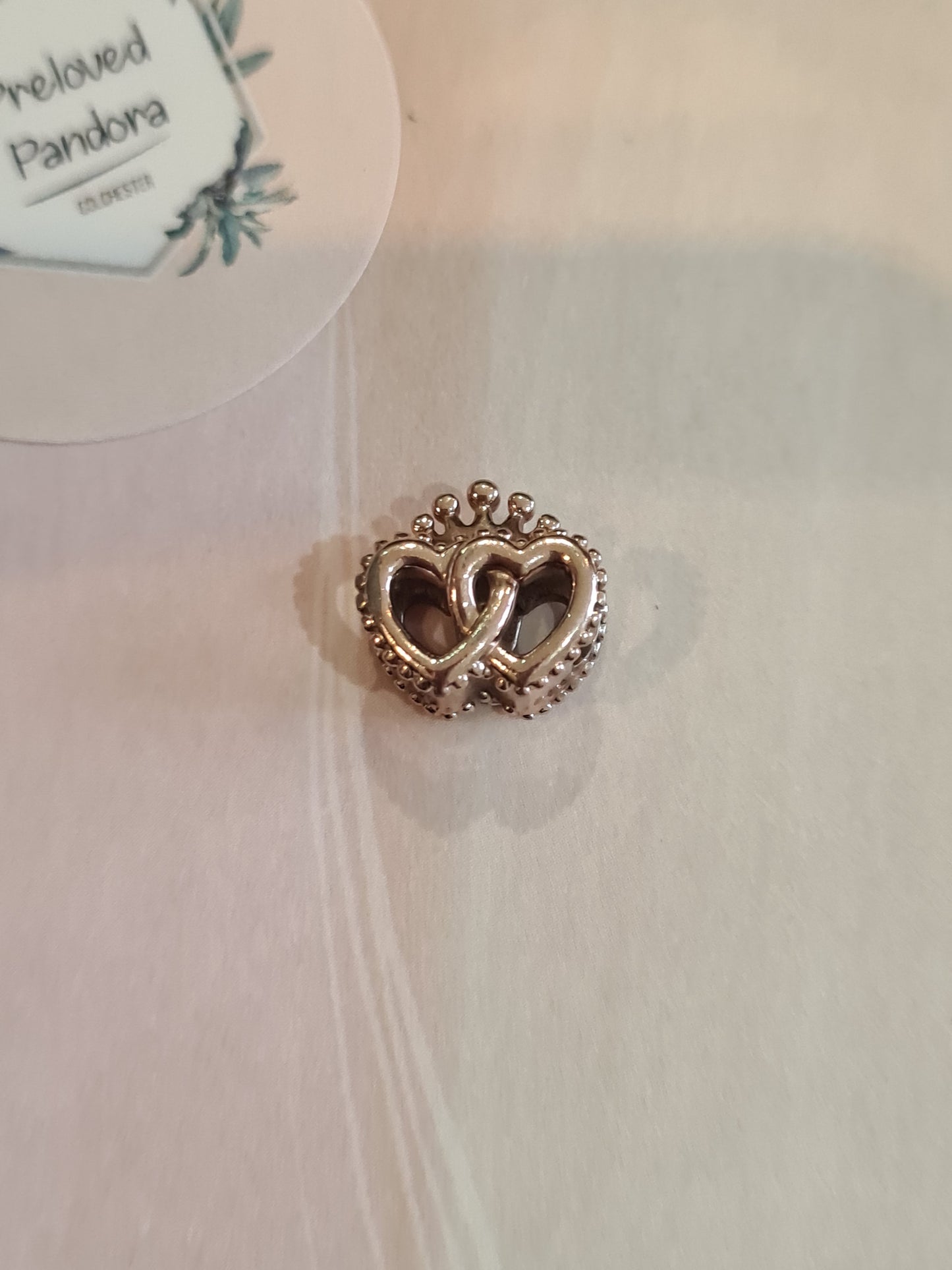 Genuine Pandora Rose Gold Double Heart Charm With Crown