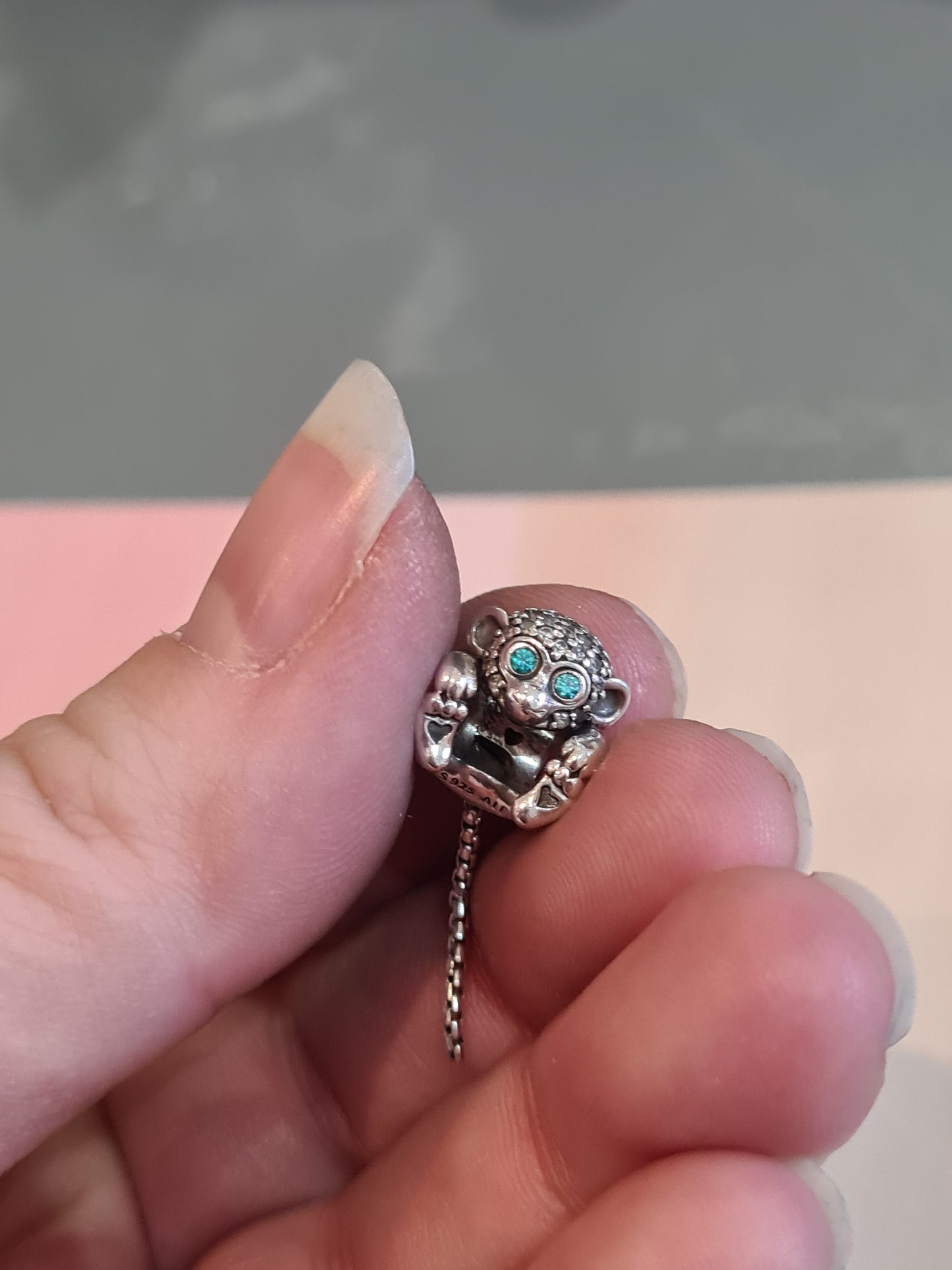 Genuine Pandora Green/ Blue Eyed Monkey With Dangle Tail Charm