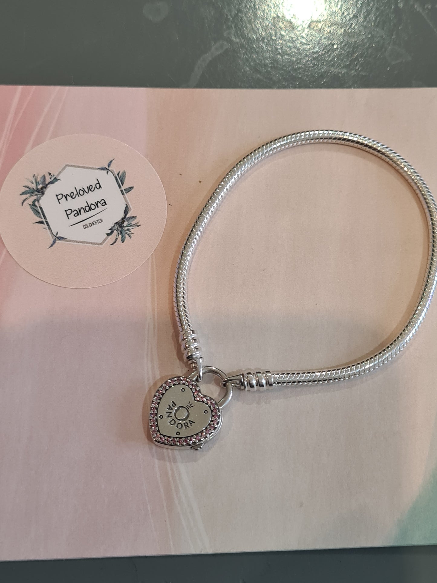 Genuine Pandora Pink Pave Heart Padlock Clasp 19cm Chain