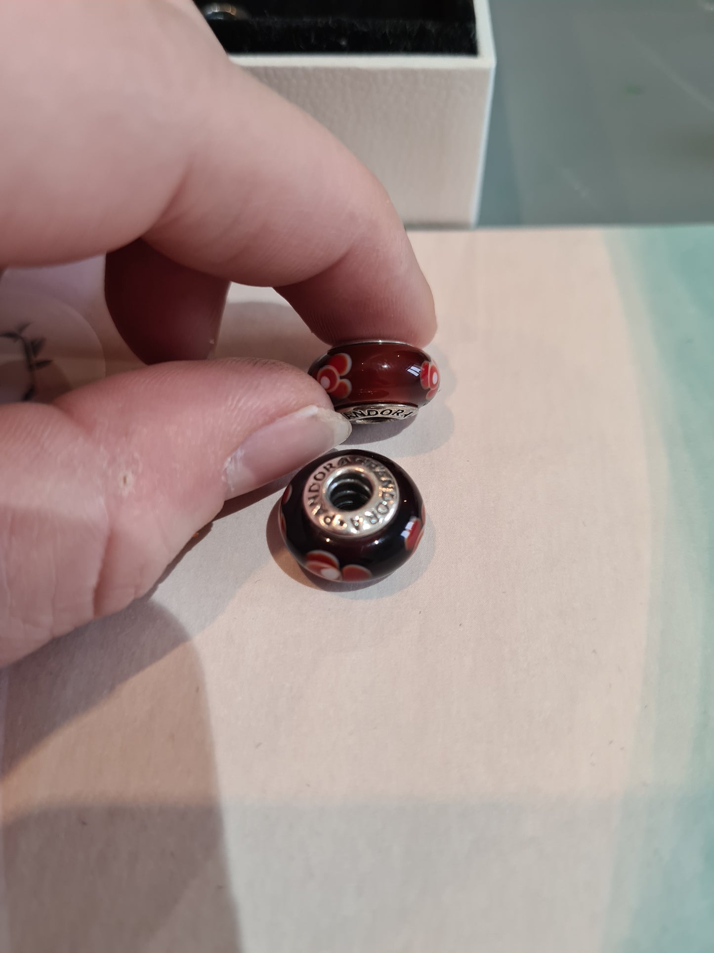 Genuine Pandora Dark Red Murano Glass Charm With Red Flowers