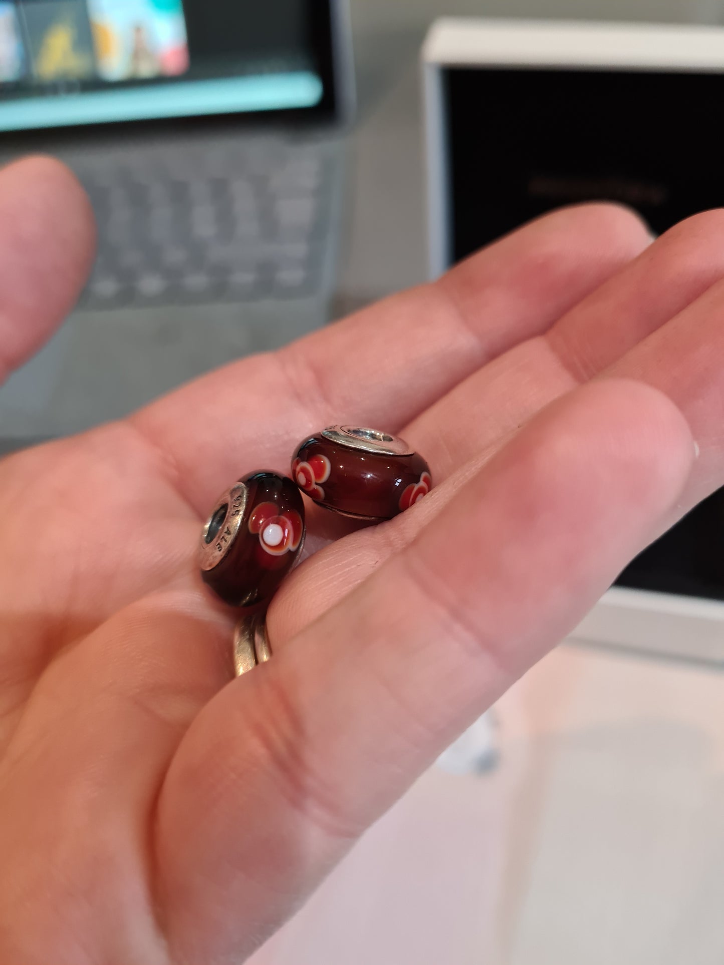Genuine Pandora Dark Red Murano Glass Charm With Red Flowers