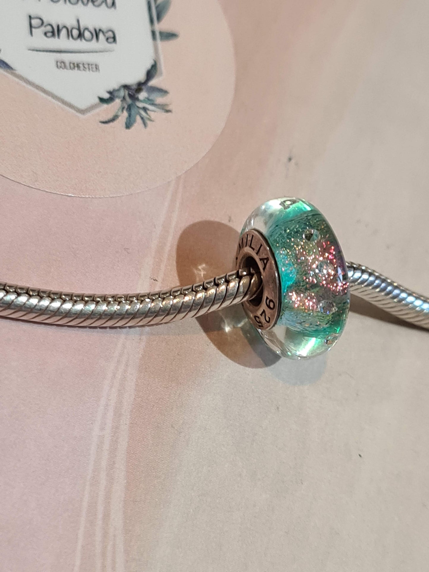 Genuine Chamilia Iridescent Green and Pink Glass Murano Sparkle Charm