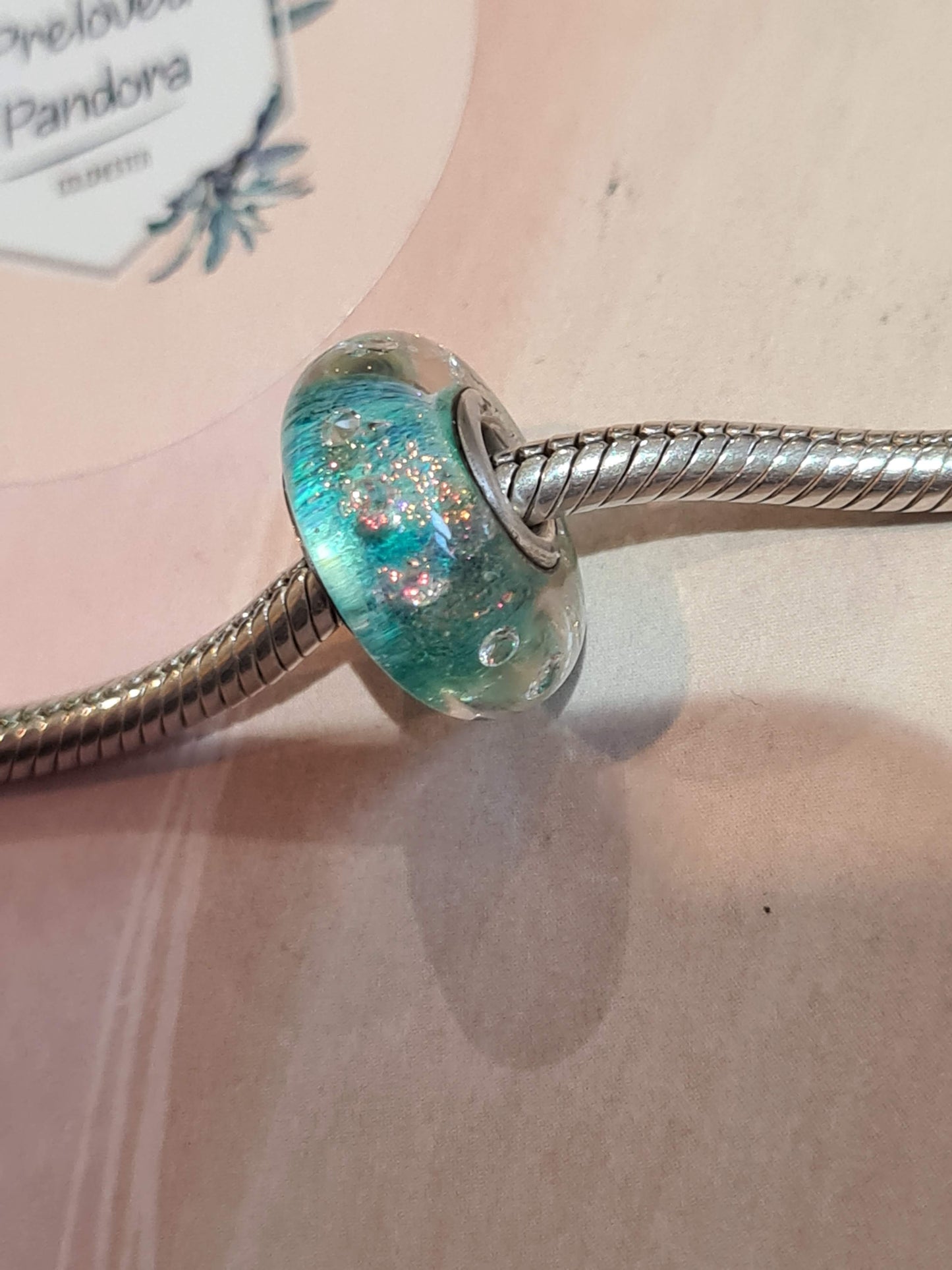 Genuine Chamilia Iridescent Green and Pink Glass Murano Sparkle Charm