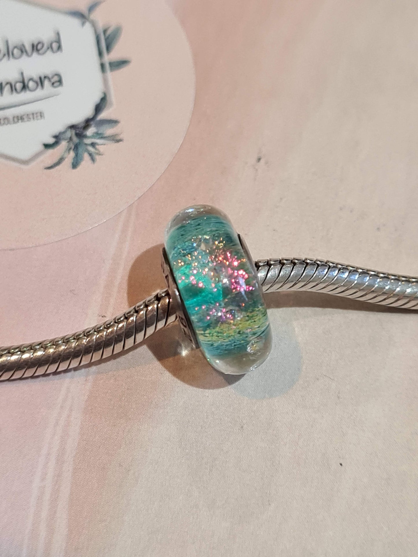 Genuine Chamilia Iridescent Green and Pink Glass Murano Sparkle Charm