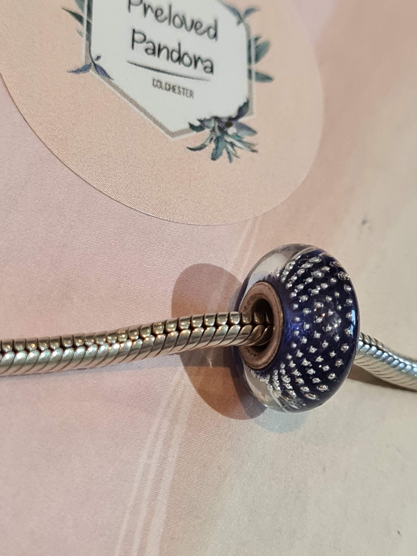 Genuine Chamilia Bluey Purple Glass Murano With Clear Sparkle Dots Charm