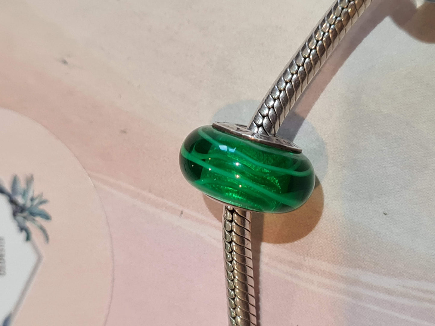 Genuine Chamilia Green Glass Murano With Lime Green Line Charm