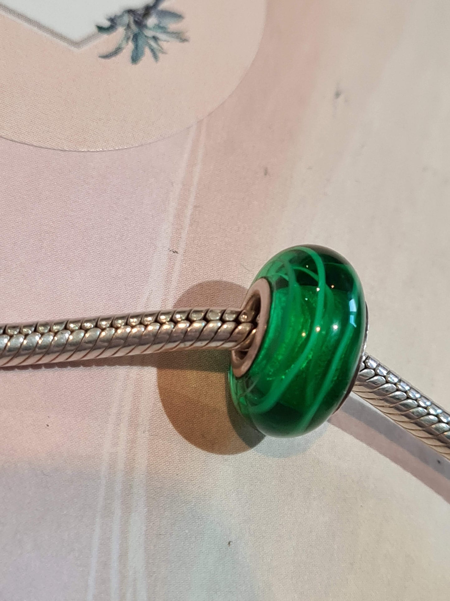 Genuine Chamilia Green Glass Murano With Lime Green Line Charm