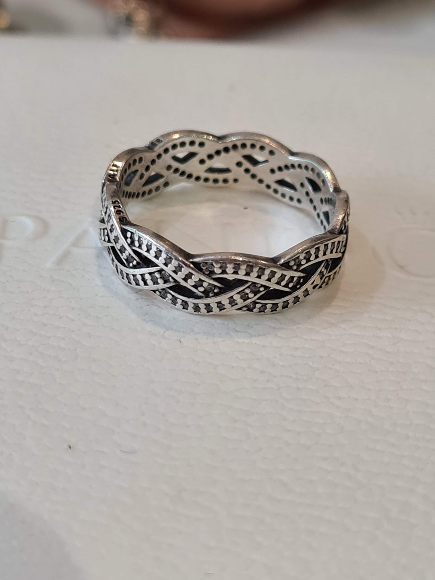 Genuine Pandora Chunky Plait Knot Weave Pave Ring Sz 56