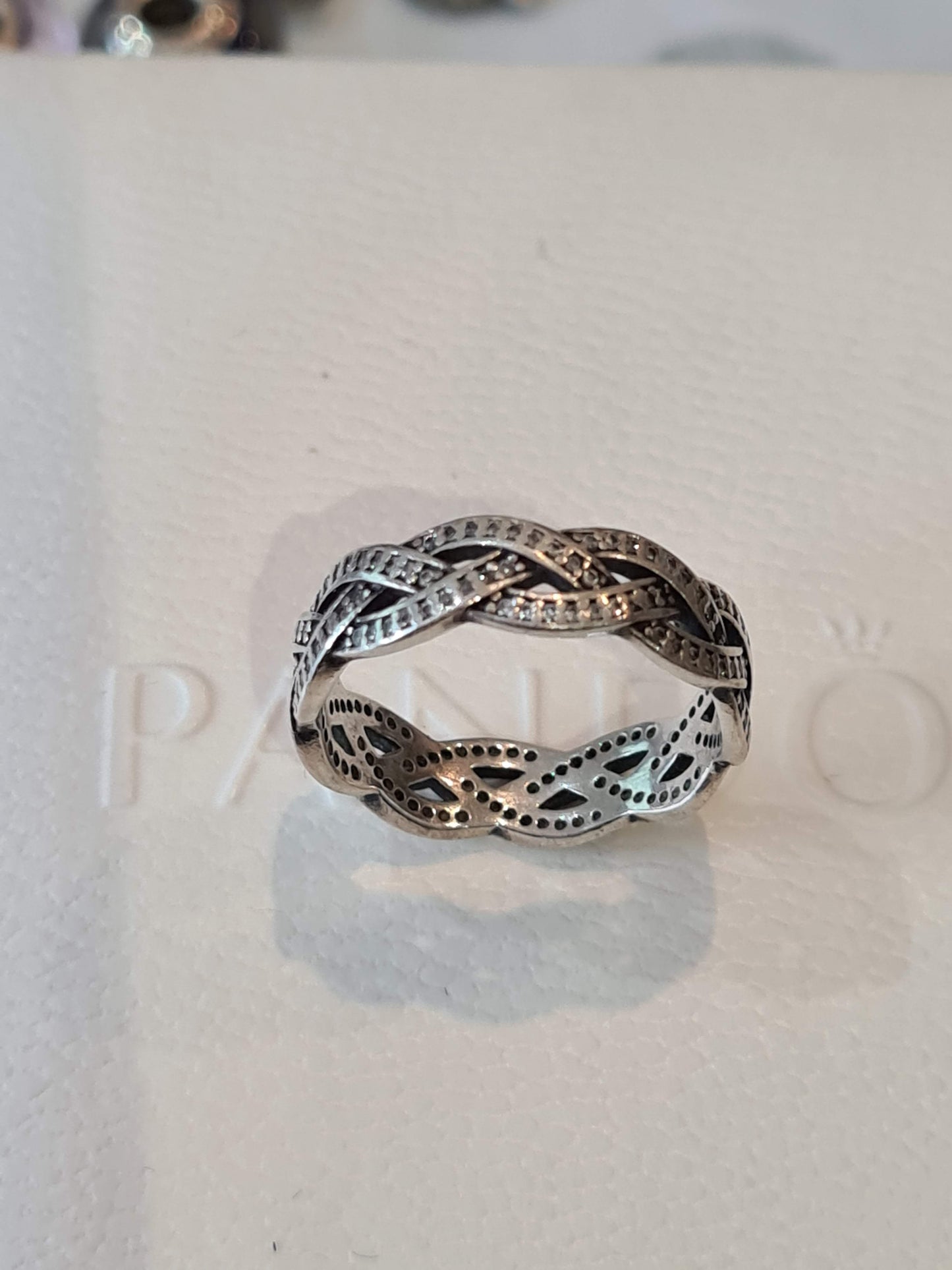 Genuine Pandora Chunky Plait Knot Weave Pave Ring Sz 56