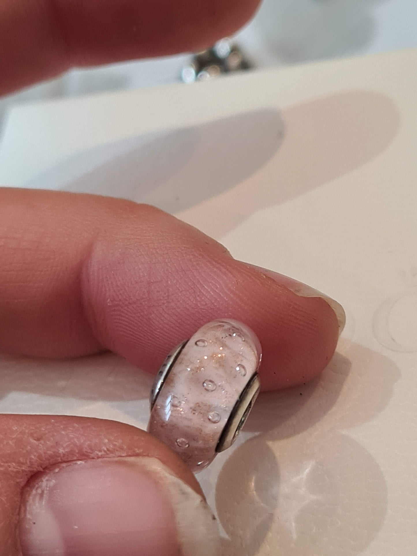 Genuine Pandora White Sparkle With Gold Glitter Shimmer Murano Glass Charm