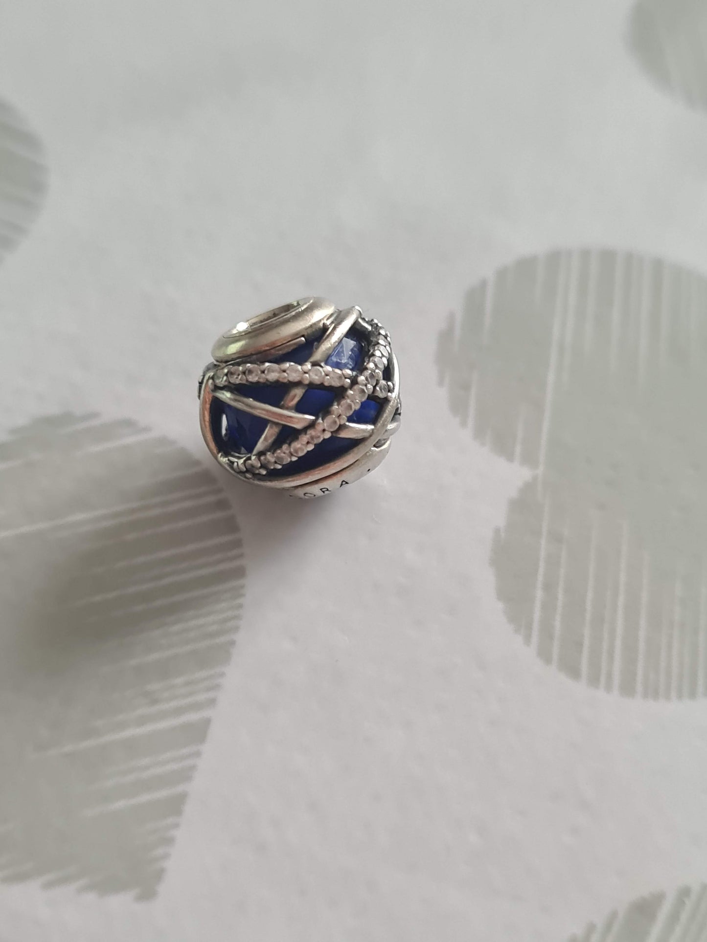 Genuine Pandora Galaxy Line Pave With Navy Blue Murano Glass Inside Openwork Charm