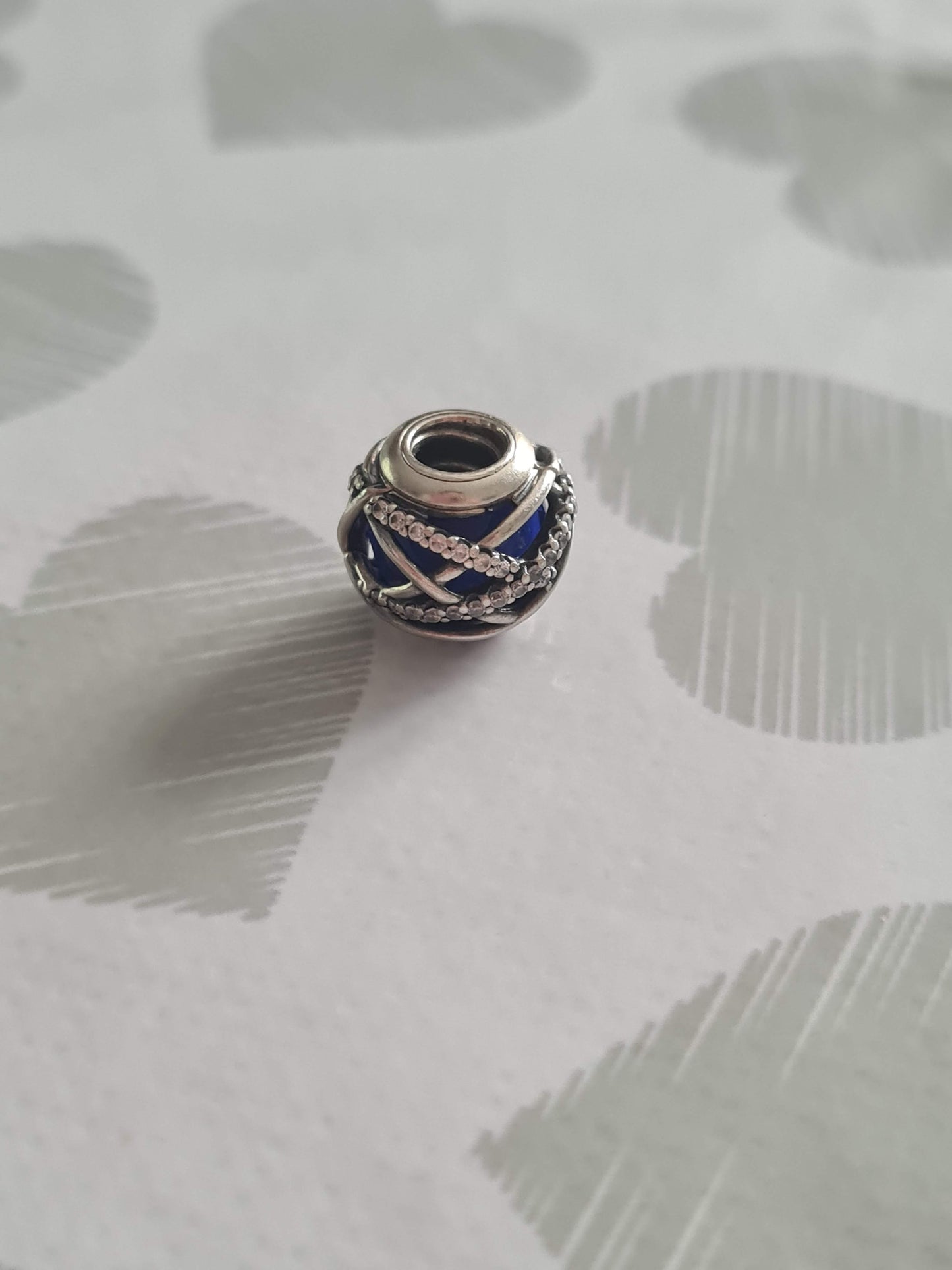 Genuine Pandora Galaxy Line Pave With Navy Blue Murano Glass Inside Openwork Charm