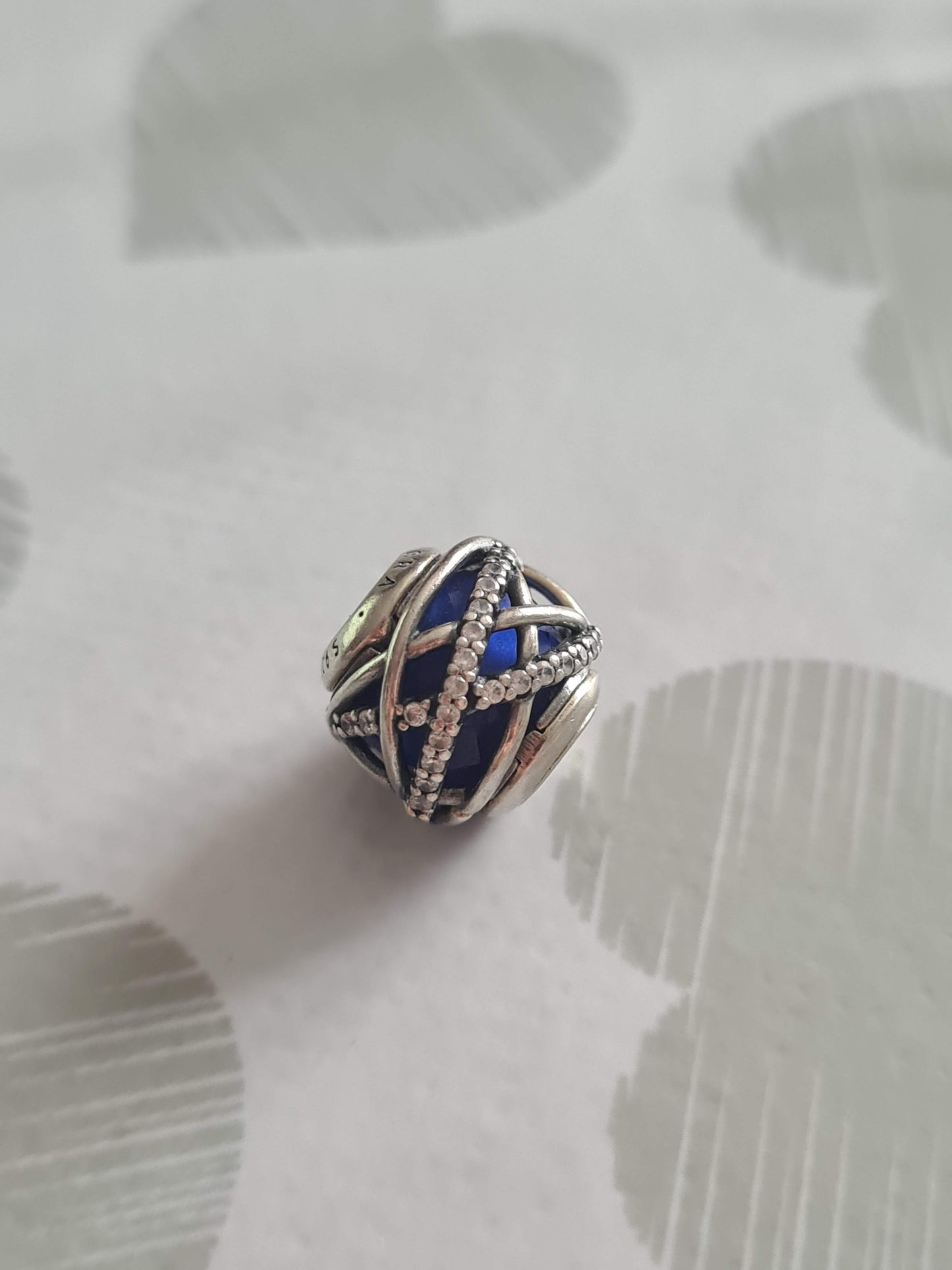 Genuine Pandora Galaxy Line Pave With Navy Blue Murano Glass Inside Openwork Charm