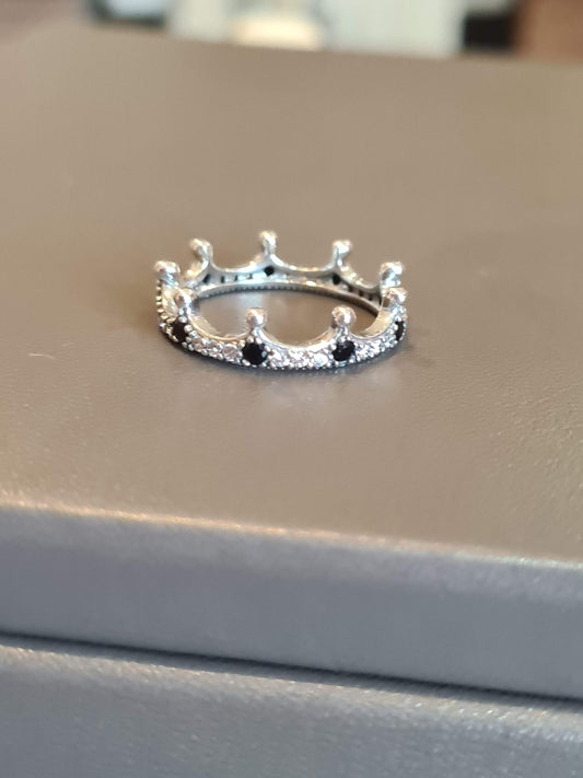 Genuine Pandora Pave Spiky Crown Princess Edgy Ring With Black/ Clear CZ