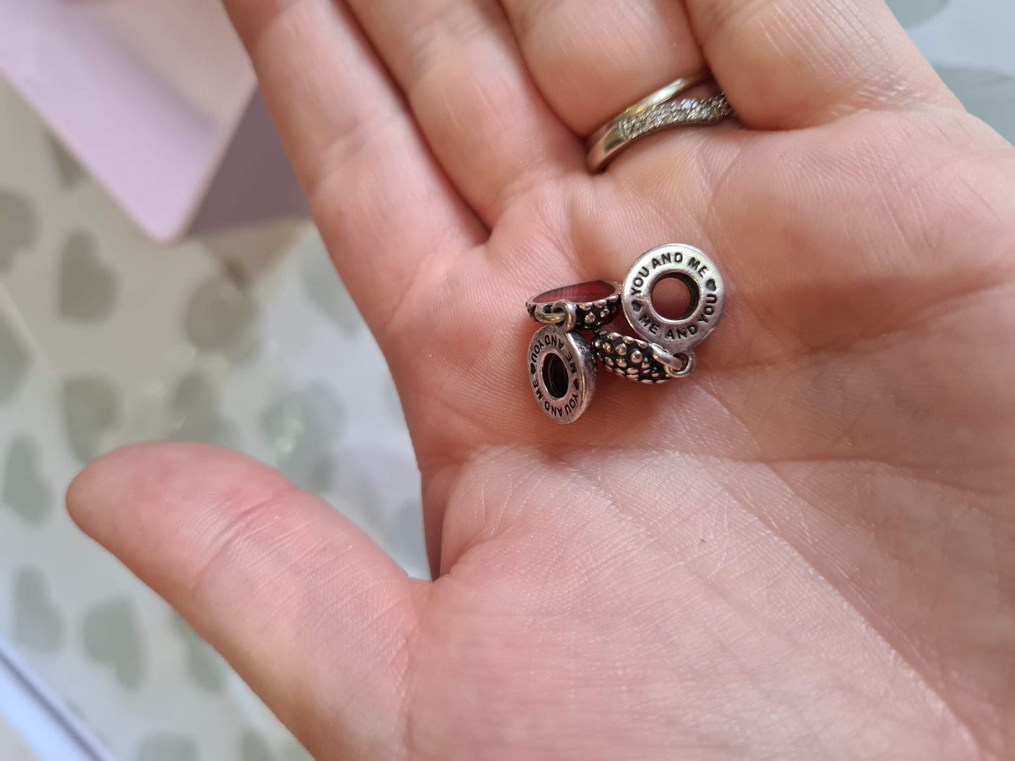 Genuine Pandora Red Retired Mother and Daughter Enamel Charms Two Halves of a Heart
