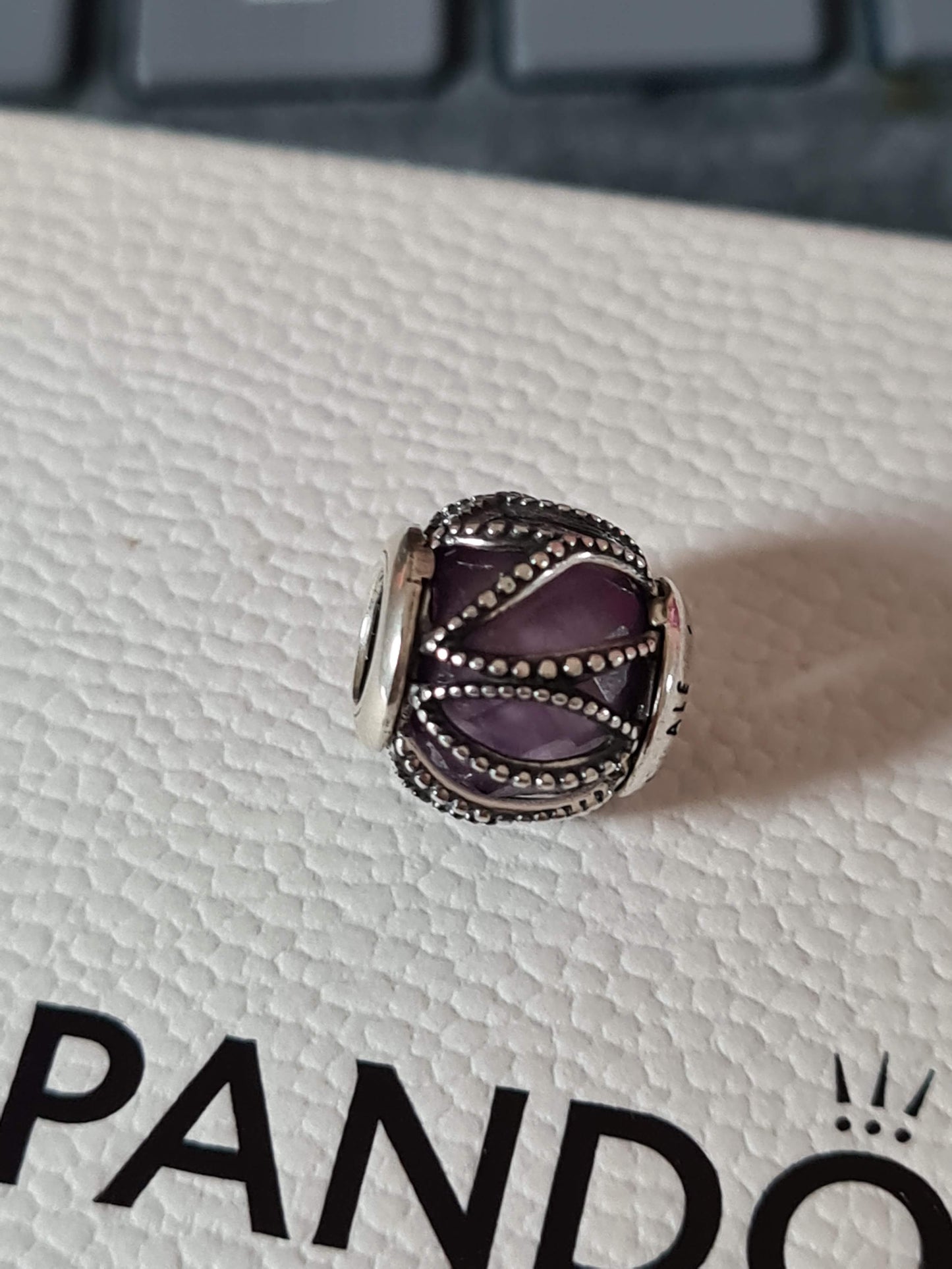 Genuine Pandora Intertwined Purple Glass Leaf Beaded Silver Charm