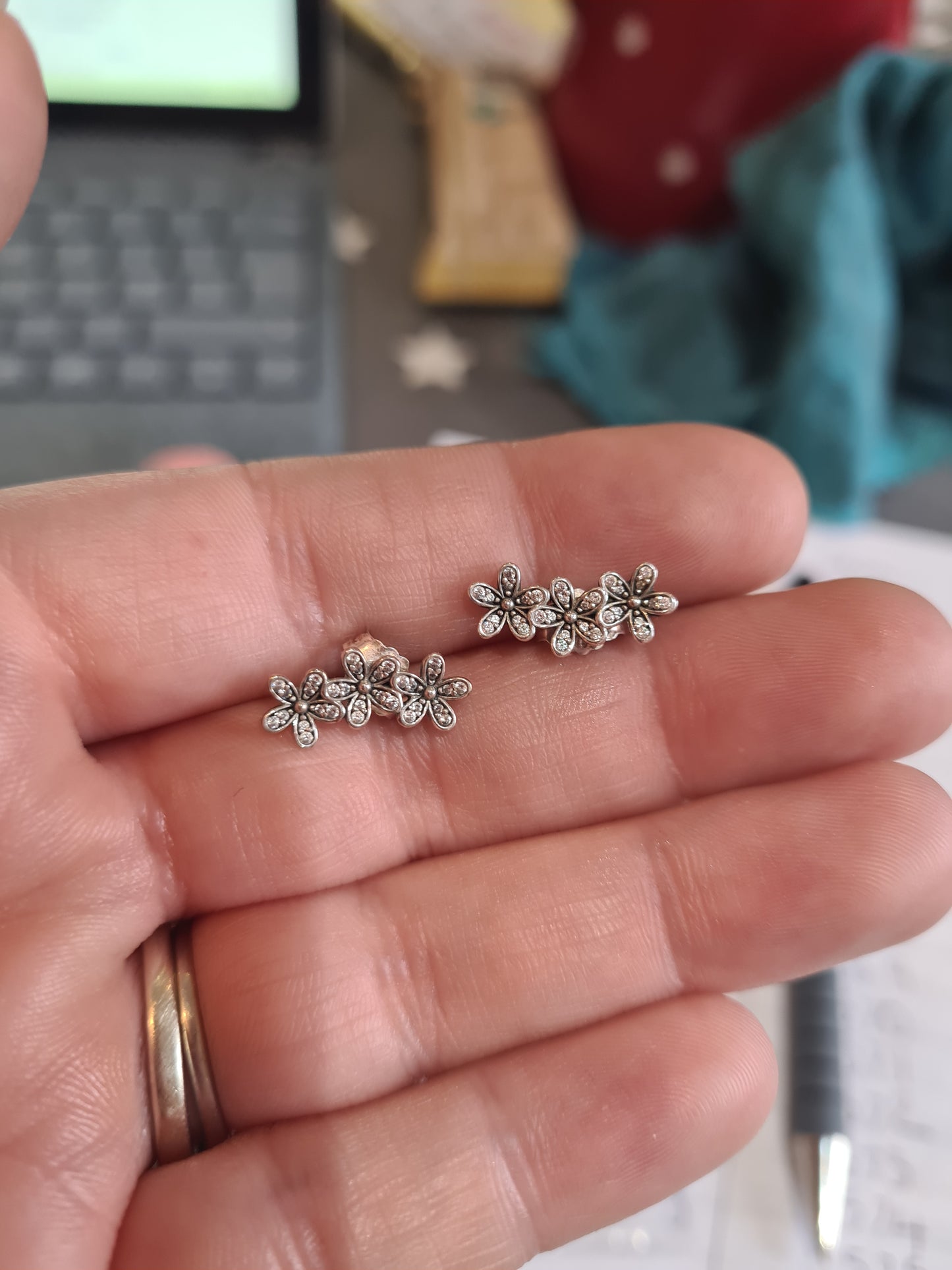 Genuine Pandora Pave Trio of Daisy Flower Earrings