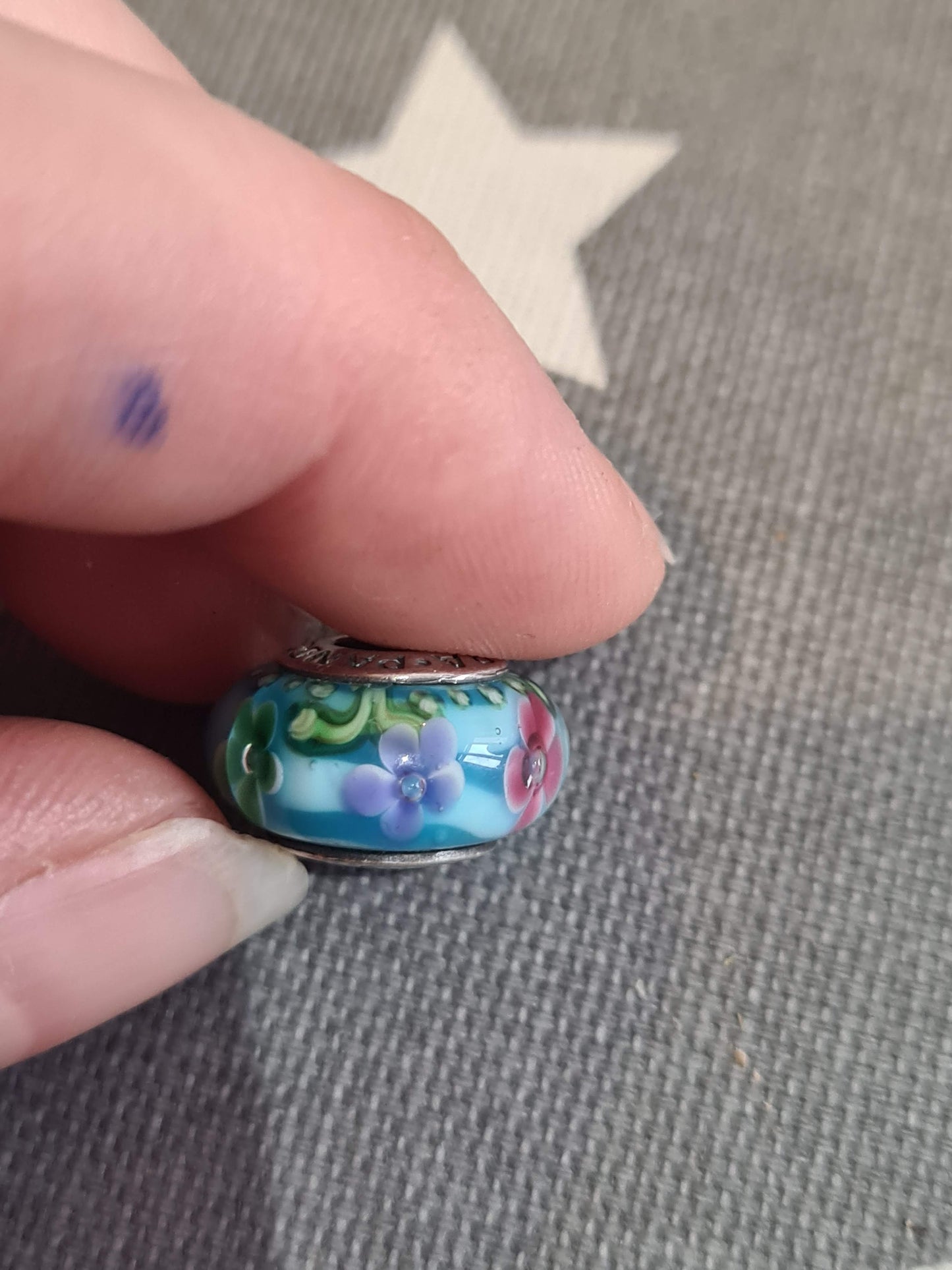 Light Blue Glass and Pink and Green Flowers Murano Charm