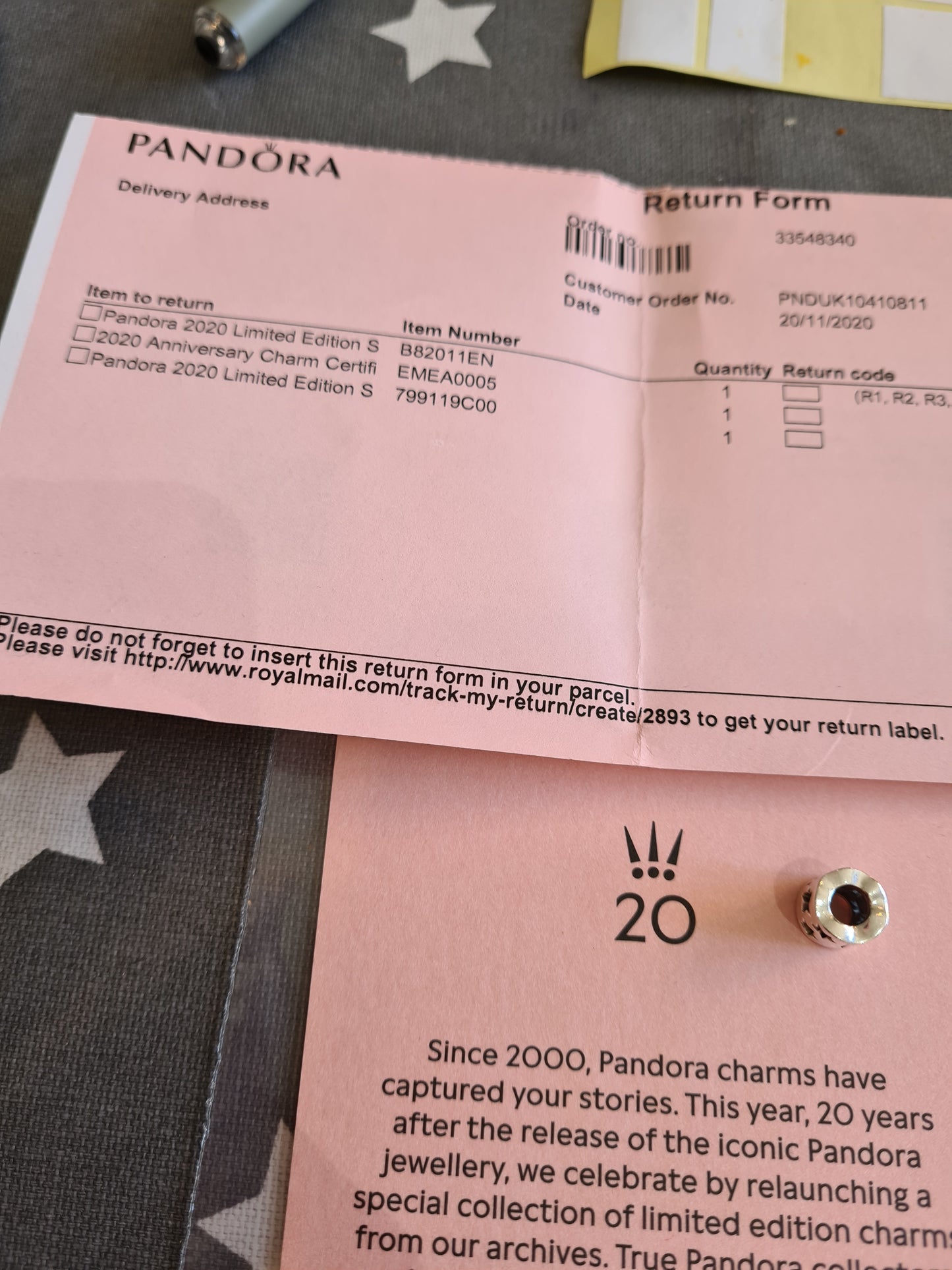 Genuine Pandora 20th Anniversary Cut out Star Barrel