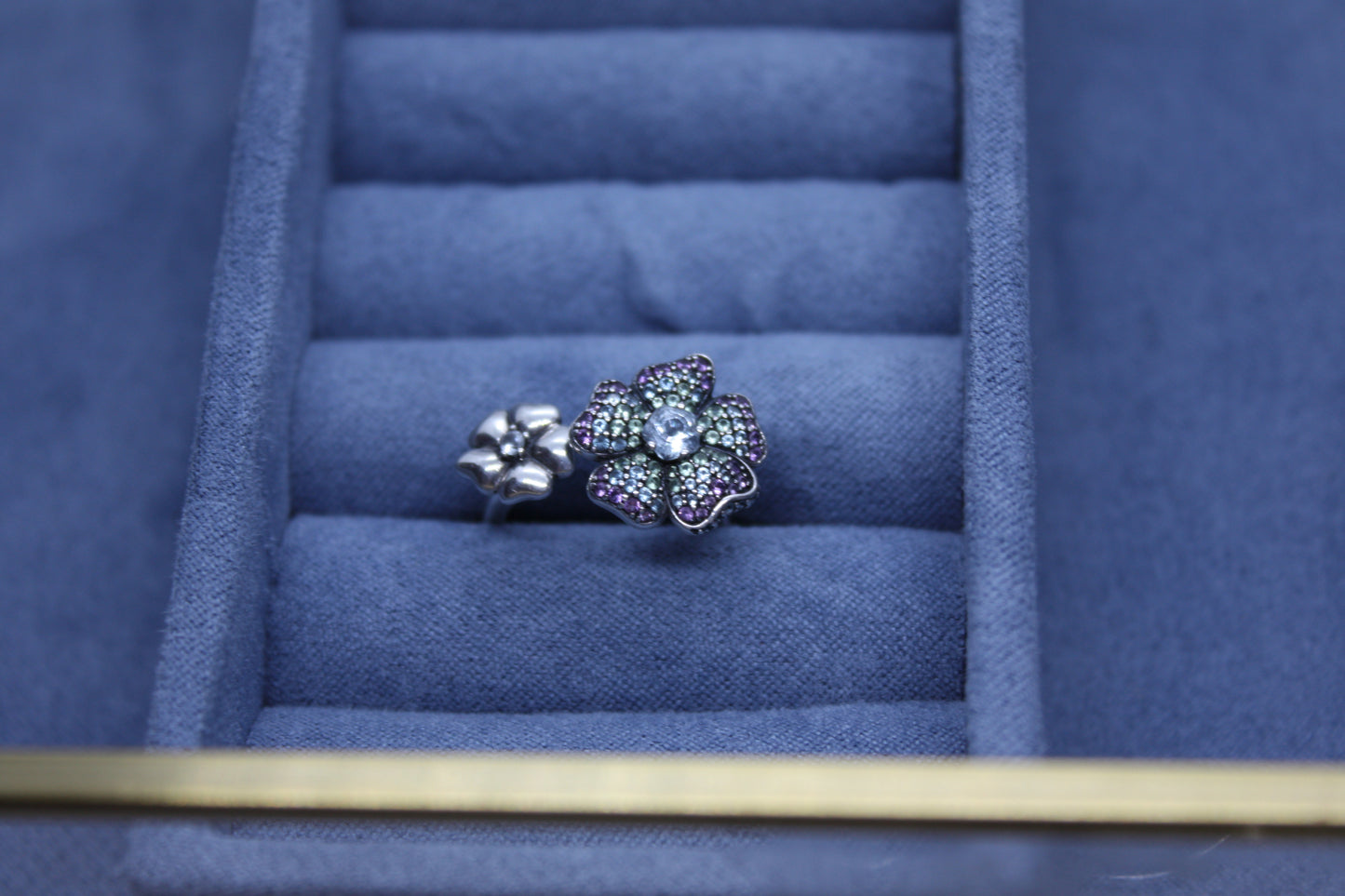 Genuine Pave Purple Flowers Statement Ring Open 54