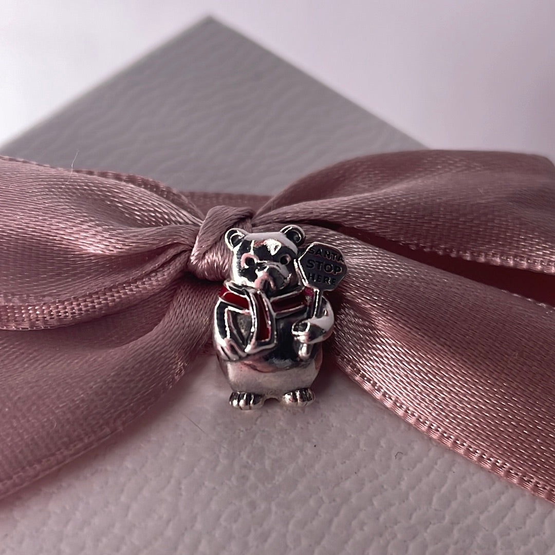 Genuine Pandora Christmas Bear Santa Stop Here Sign Charm