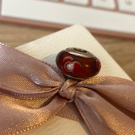 Genuine Pandora Dark Red Brown Murano Glass Charm with Red Flowers