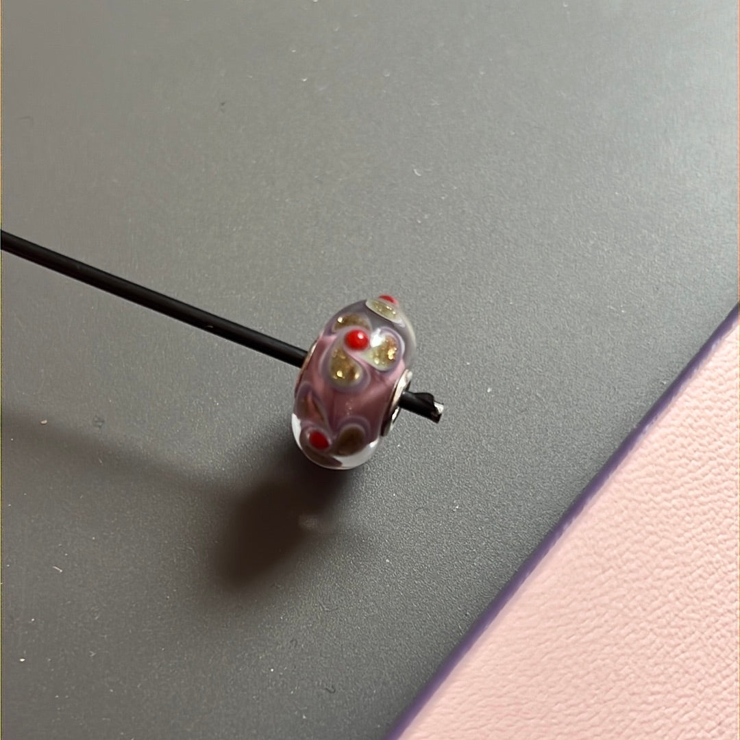 Genuine Trollbeads Pink and Sparkle Gold Glitter Flower Murano Charm