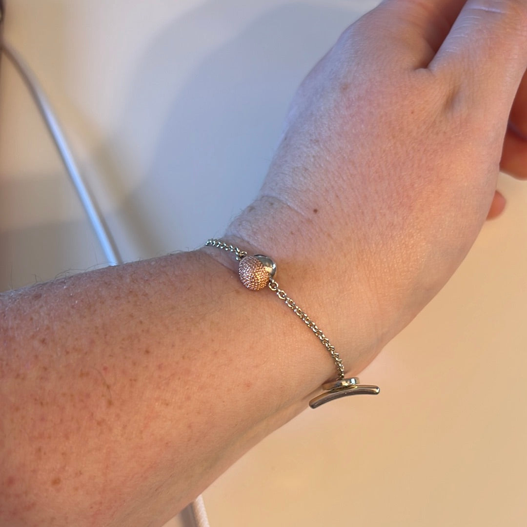 Genuine Links of London Sterling Silver T-Bar Bracelet With Half Rose Gold and Half Silver Hearts